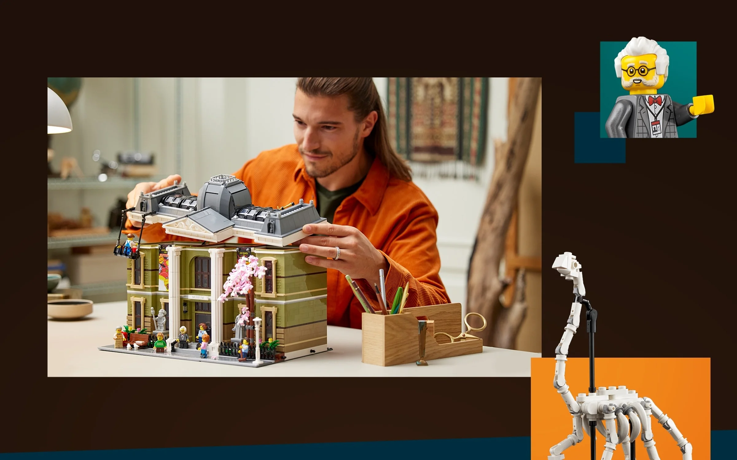 Imagine cu adult construind Muzeul de Istorie Naturală LEGO 10326. Model realist, detaliat.