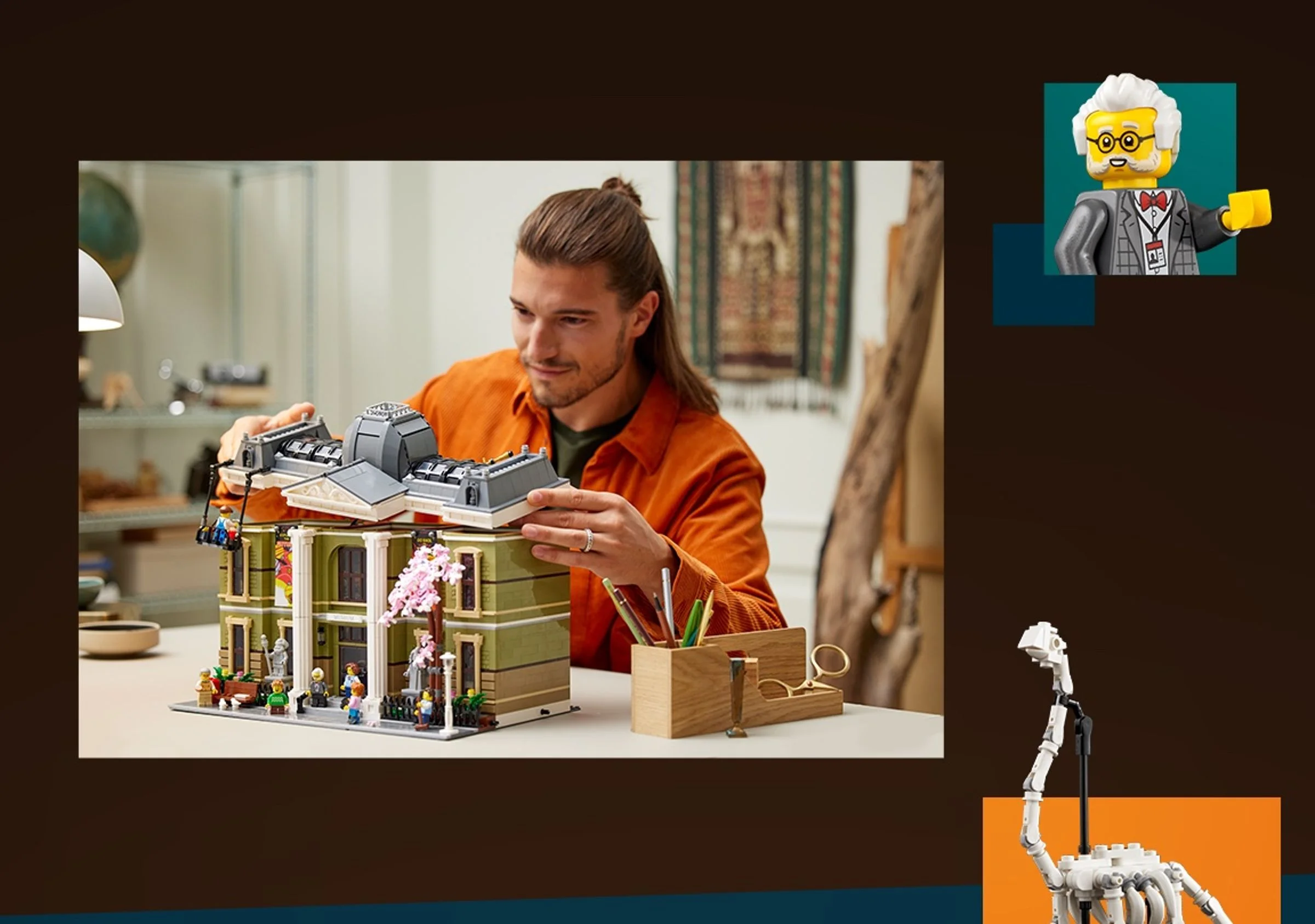 Construirea Muzeului de Istorie Naturală LEGO 10326. Model detaliat, plin de minifigurine și exponate.