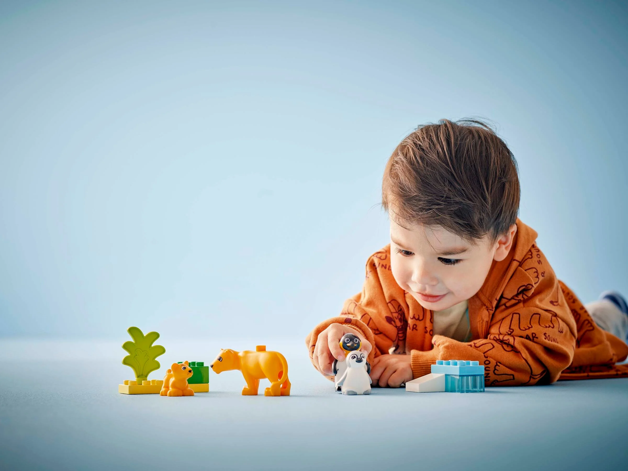 Copil se joacă cu pinguinii și leii Duplo 10442. Distracție și învățare timpurie.