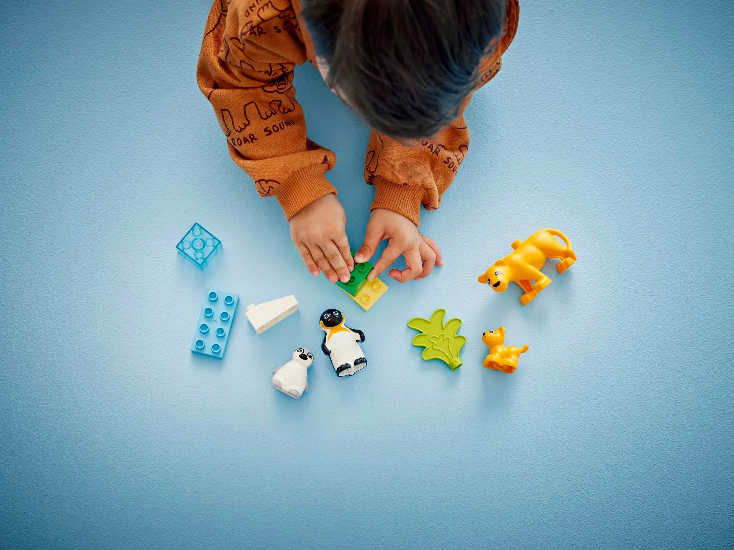 Un copil se joacă cu setul LEGO Duplo 10442, cu pinguini și lei.