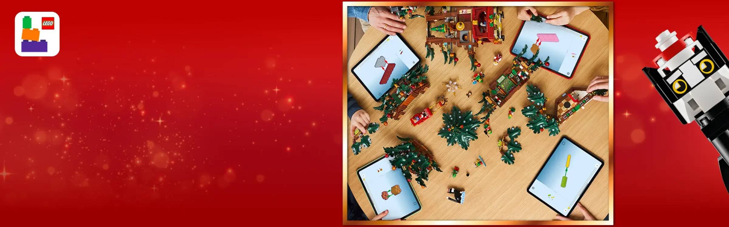 Imagine cu familia construind împreună decorația de Crăciun, urmând instrucțiunile de pe tabletă.