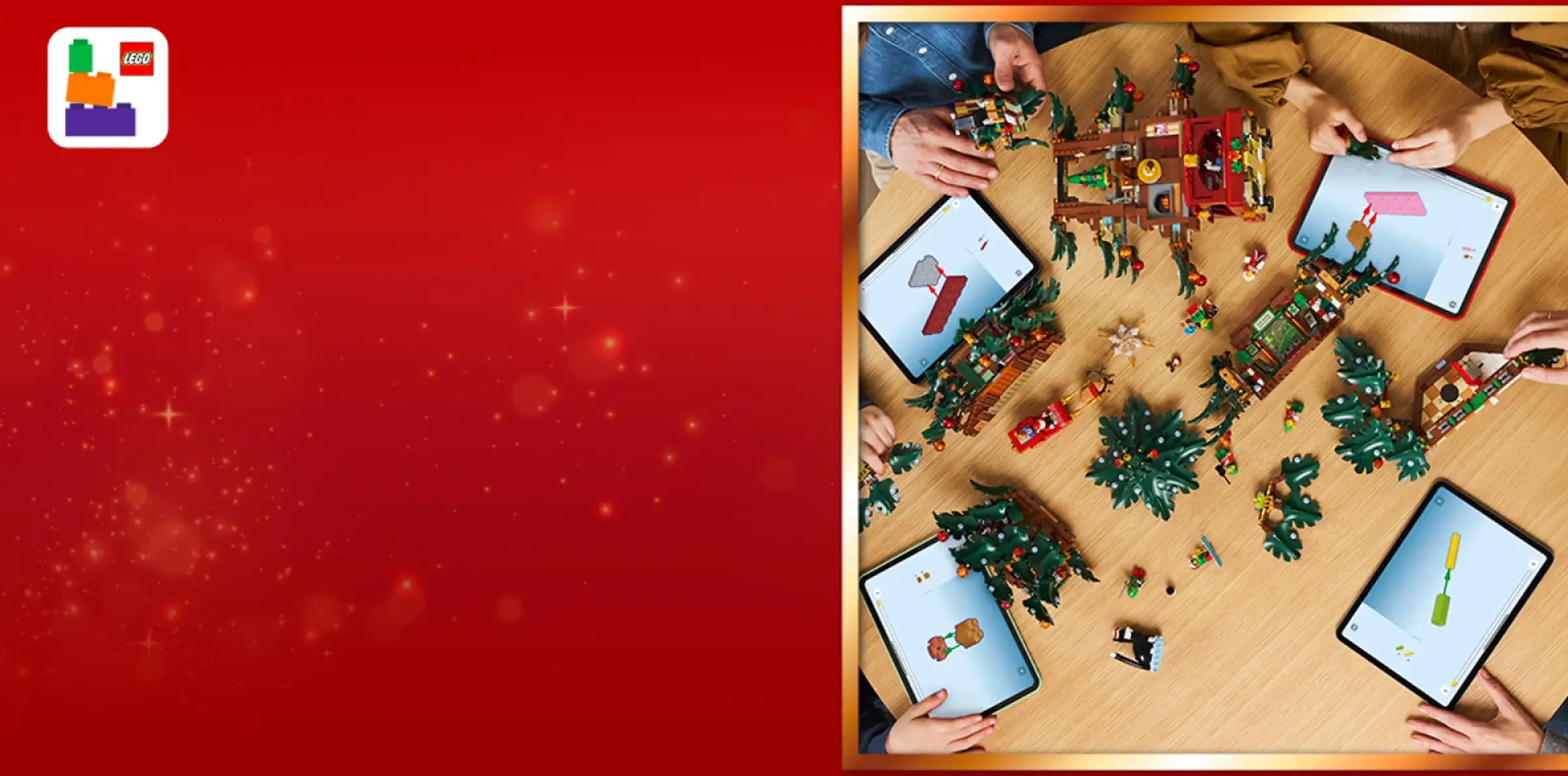 Familie construind bradul de Crăciun LEGO folosind instrucțiuni digitale pe tabletă.