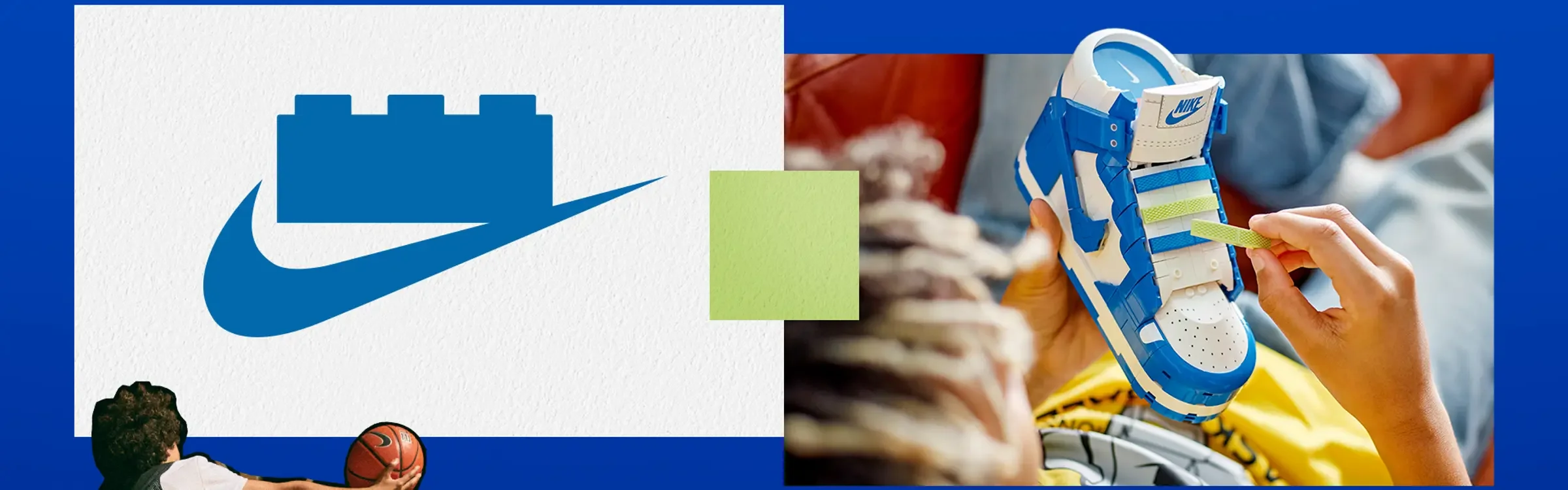 Imagine cu logo-ul Nike LEGO și un model LEGO de pantof Nike Dunk, detaliat.
