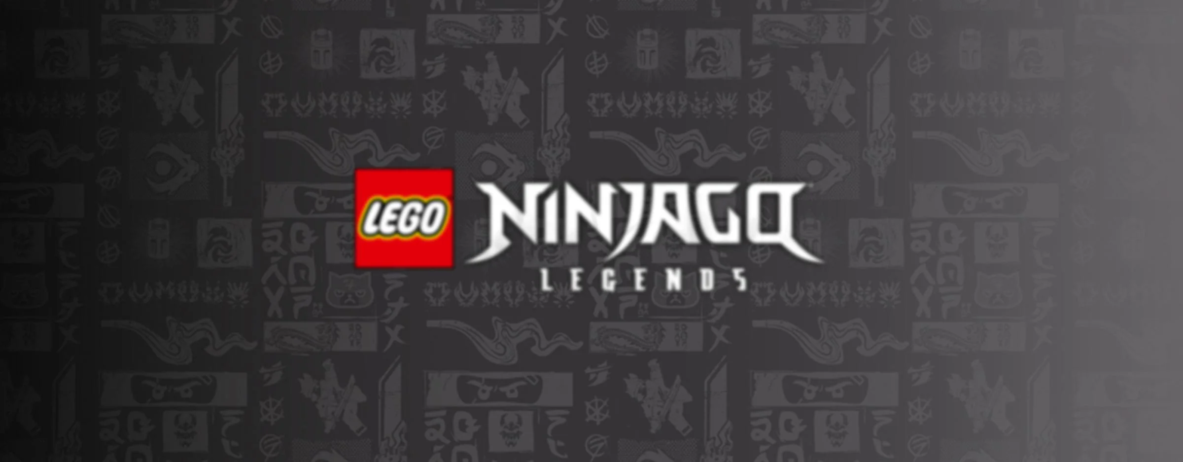 Logo LEGO Ninjago Legends pe un fundal cu simboluri Ninjago. Grafică abstractă.