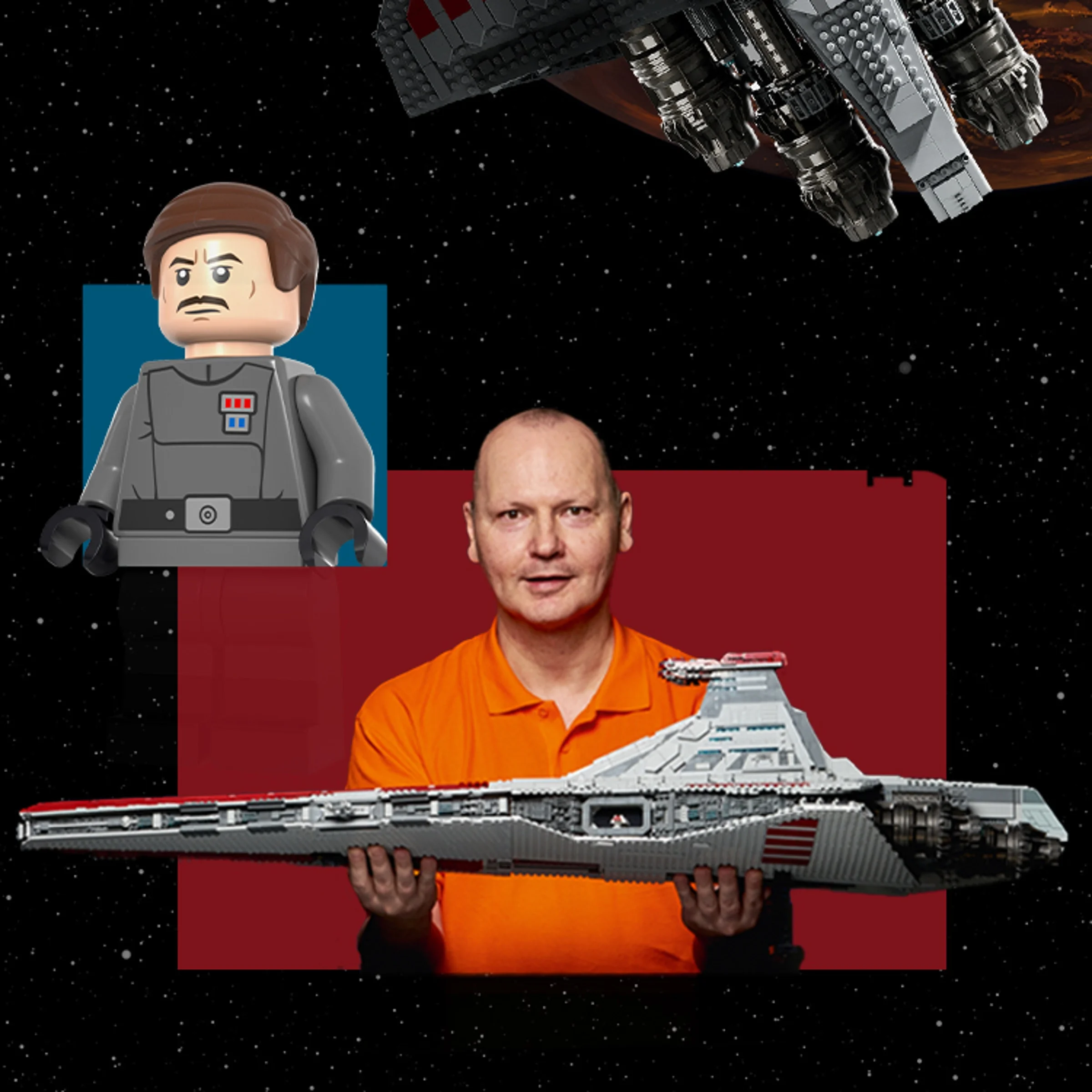 Prezentare cu macheta Venator și un inginer LEGO, evidențiind detaliile construcției.