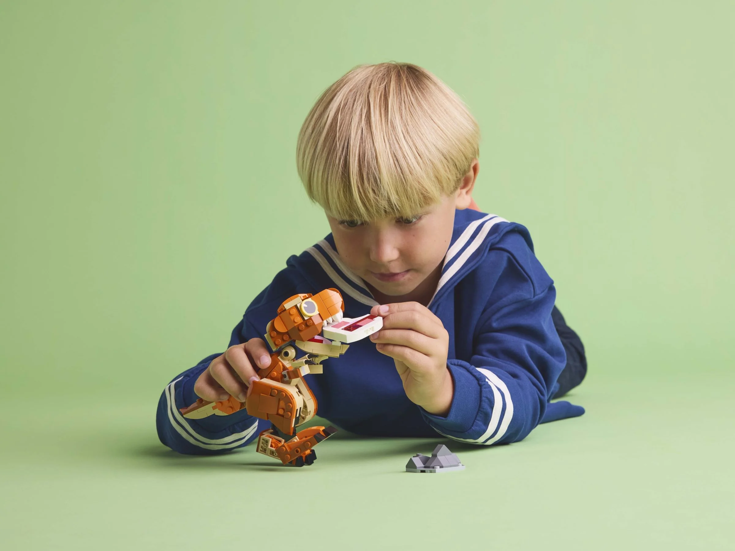 Băiat se joacă cu T. rex-ul LEGO, îi dă de mâncare. O imagine viu colorată.
