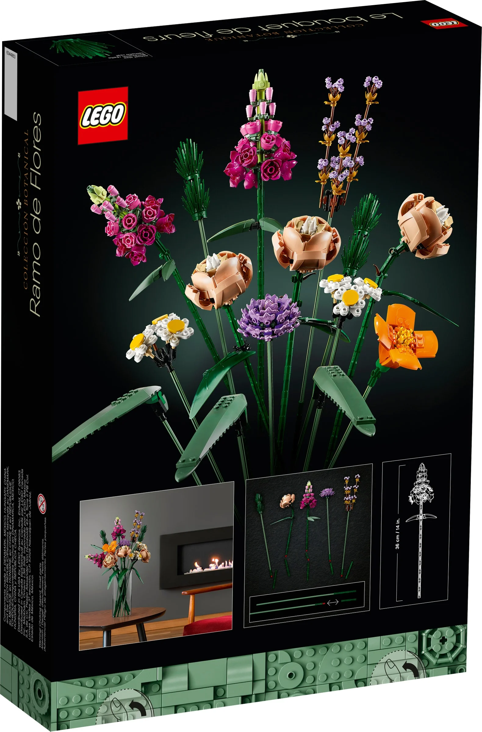 Cutia setului LEGO 10280, cu un buchet colorat de flori construit din piese LEGO.