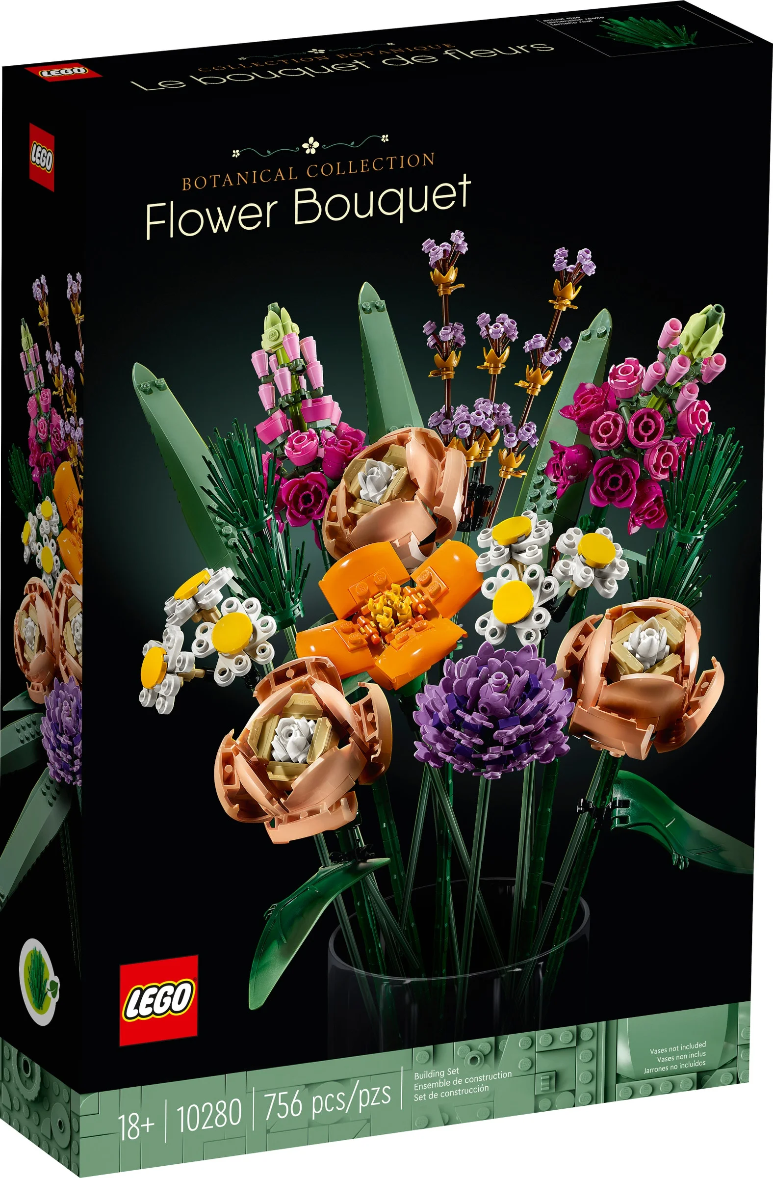 Cutie cu setul LEGO 10280, un buchet colorat de flori construite din piese LEGO.