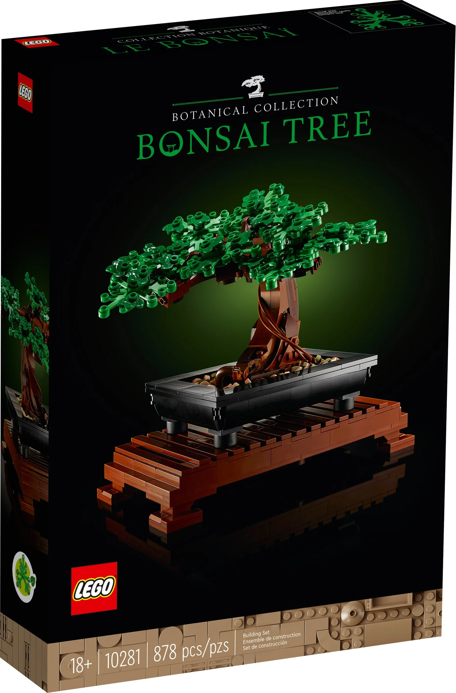 Cutia LEGO 10281 Bonsai Tree prezintă modelul asamblat, un bonsai elegant cu frunze verzi.