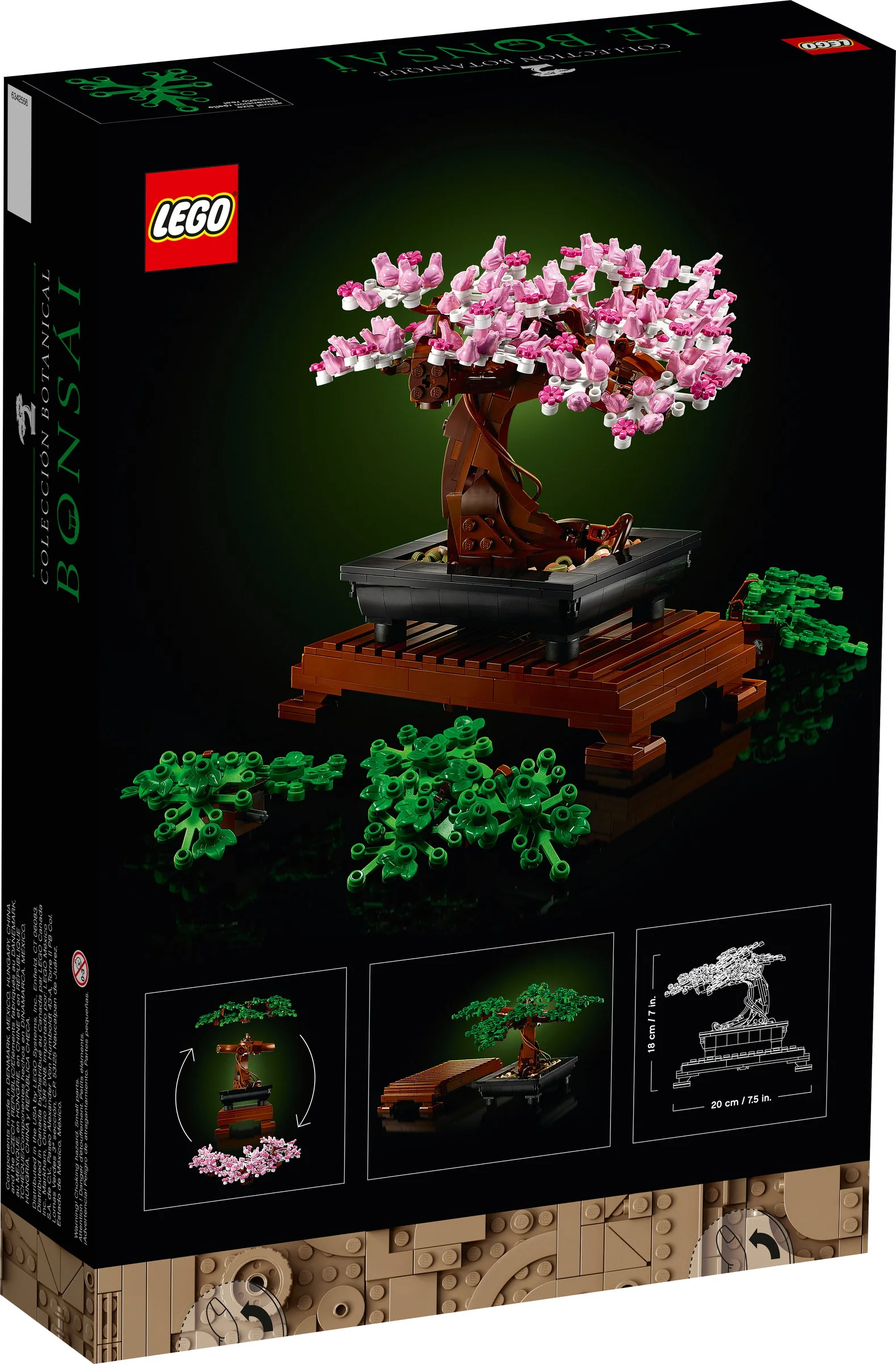 Imagine cu spatele cutiei LEGO Bonsai (10281), arătând modelul asamblat și detalii despre dimensiuni.