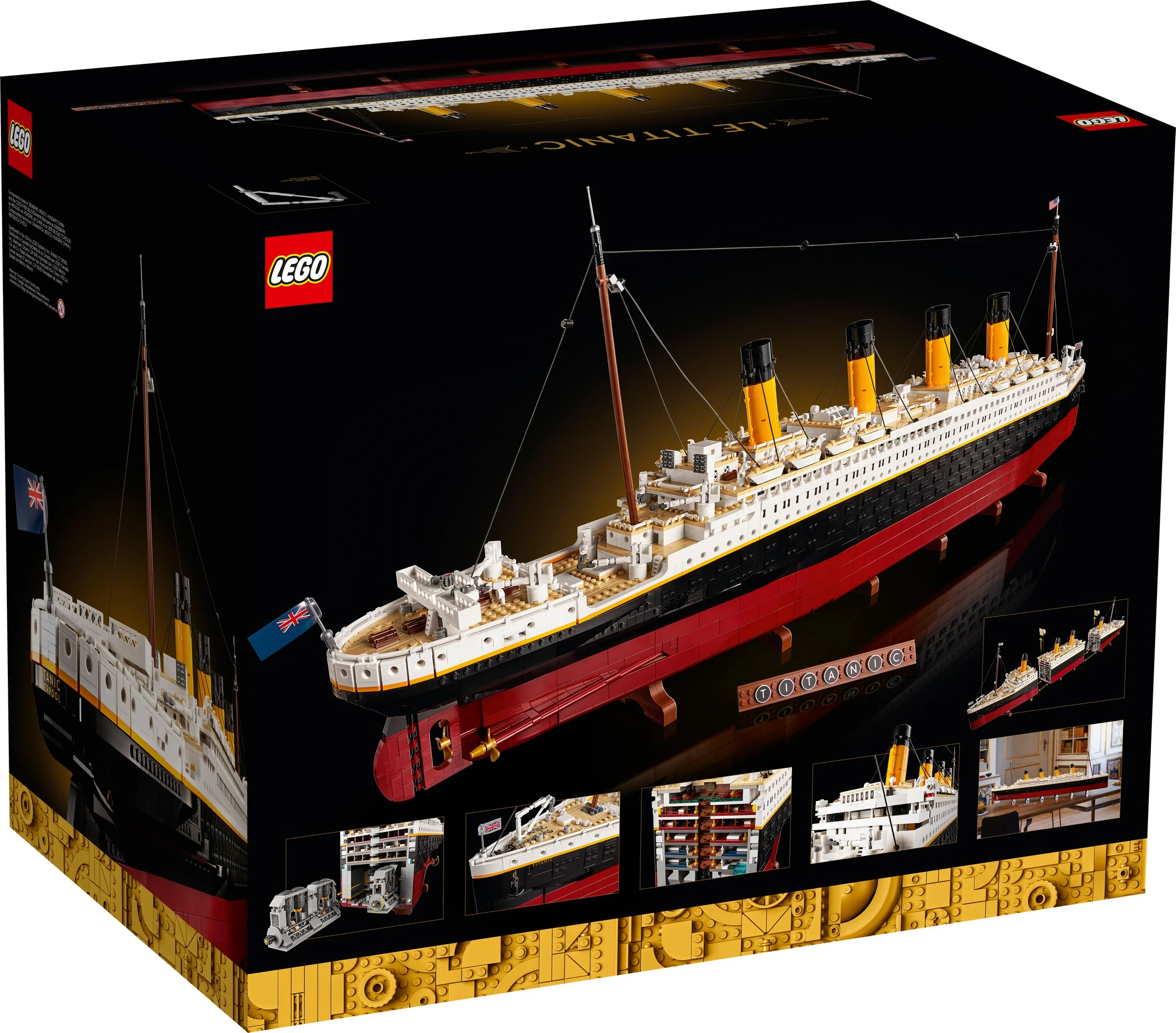 Cutia LEGO Titanic 10294, cu modelul detaliat al pachebotului, pe fundal negru. Detalii aurii.