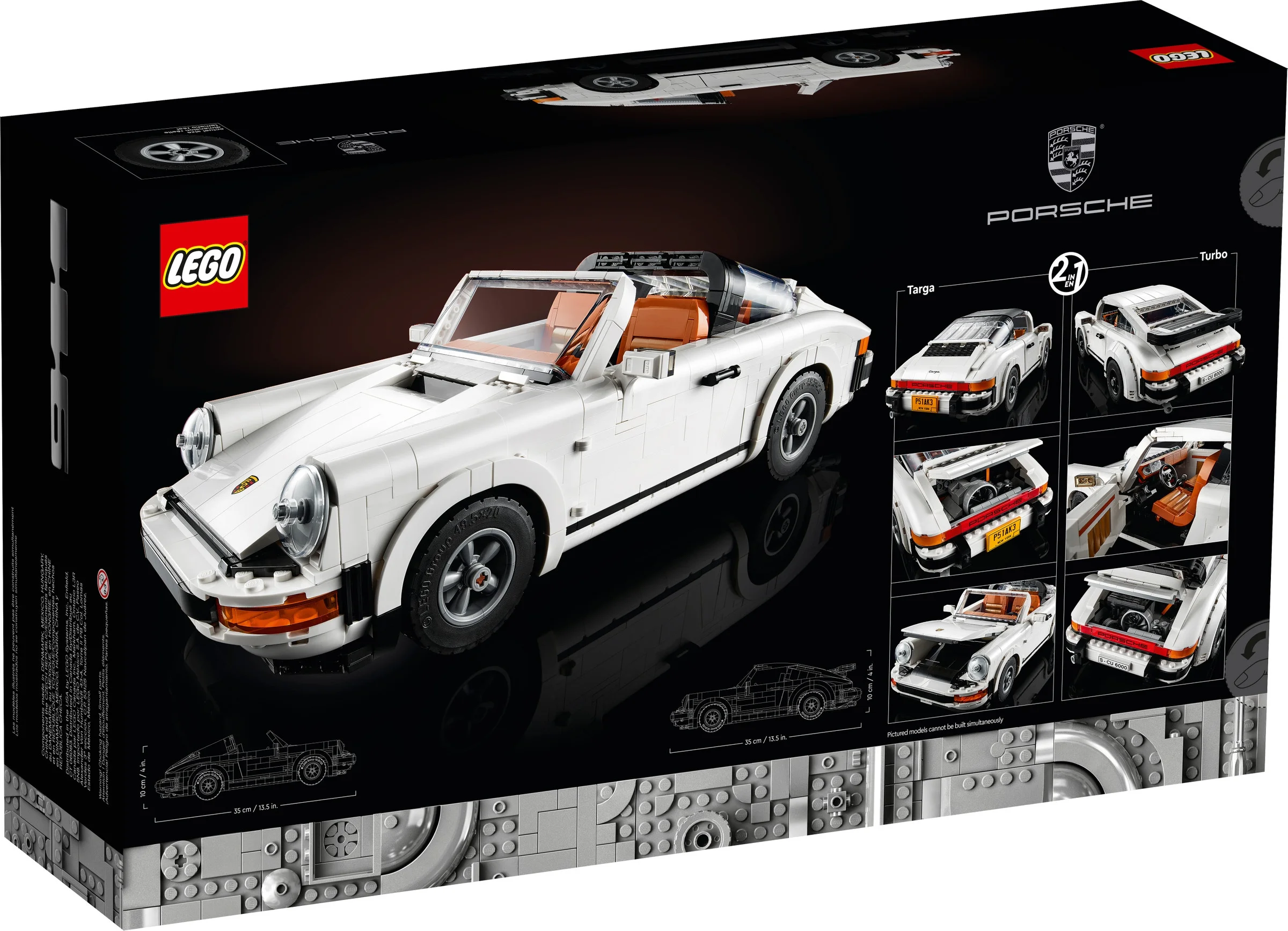 Cutia setului LEGO Porsche 911 (10295), prezentând modelul Targa și Turbo, detalii și logo-uri.