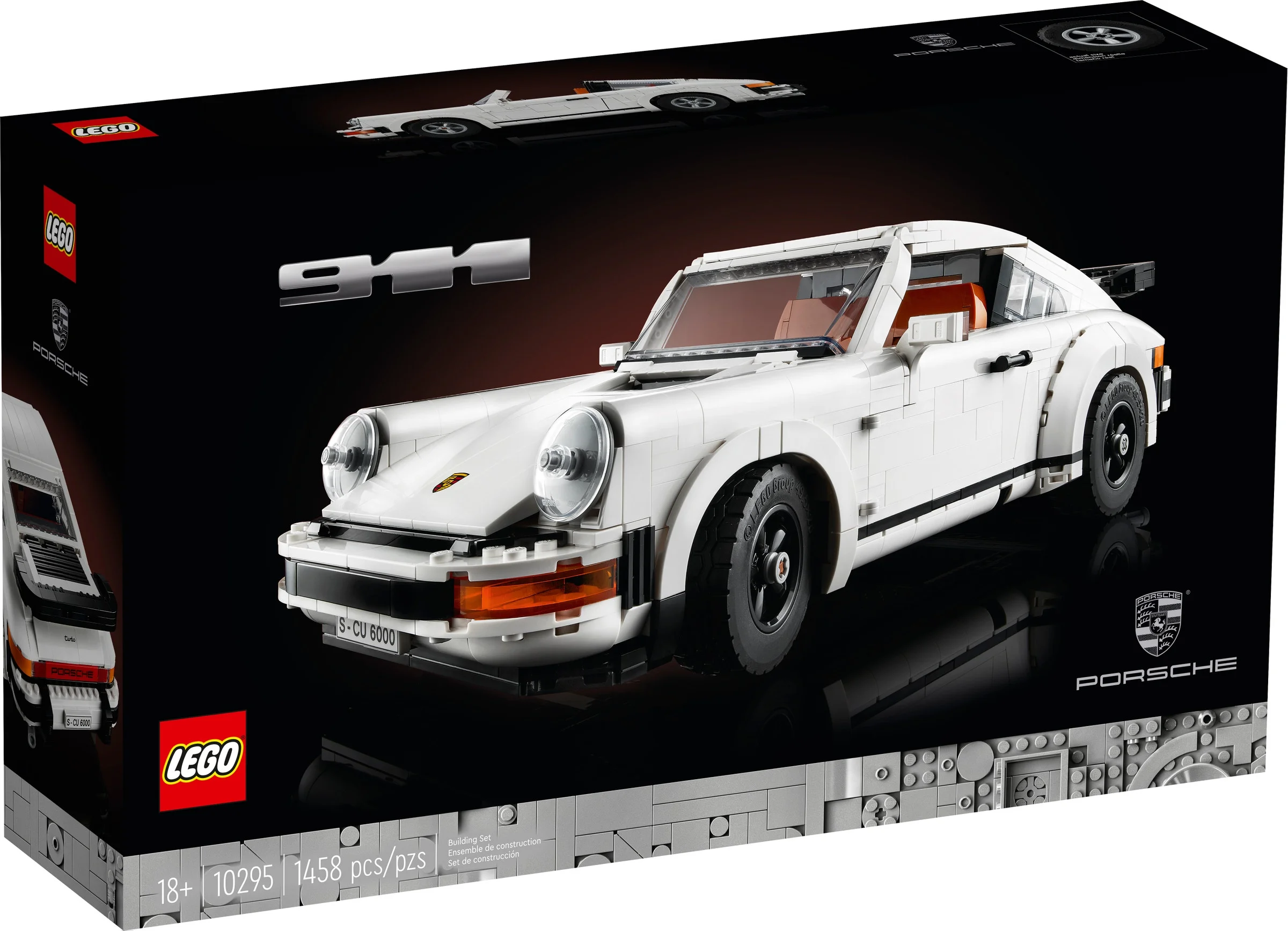 Cutia setului LEGO Porsche 911 (10295) prezintă o imagine a modelului alb, atât coupé, cât și cabriolet.