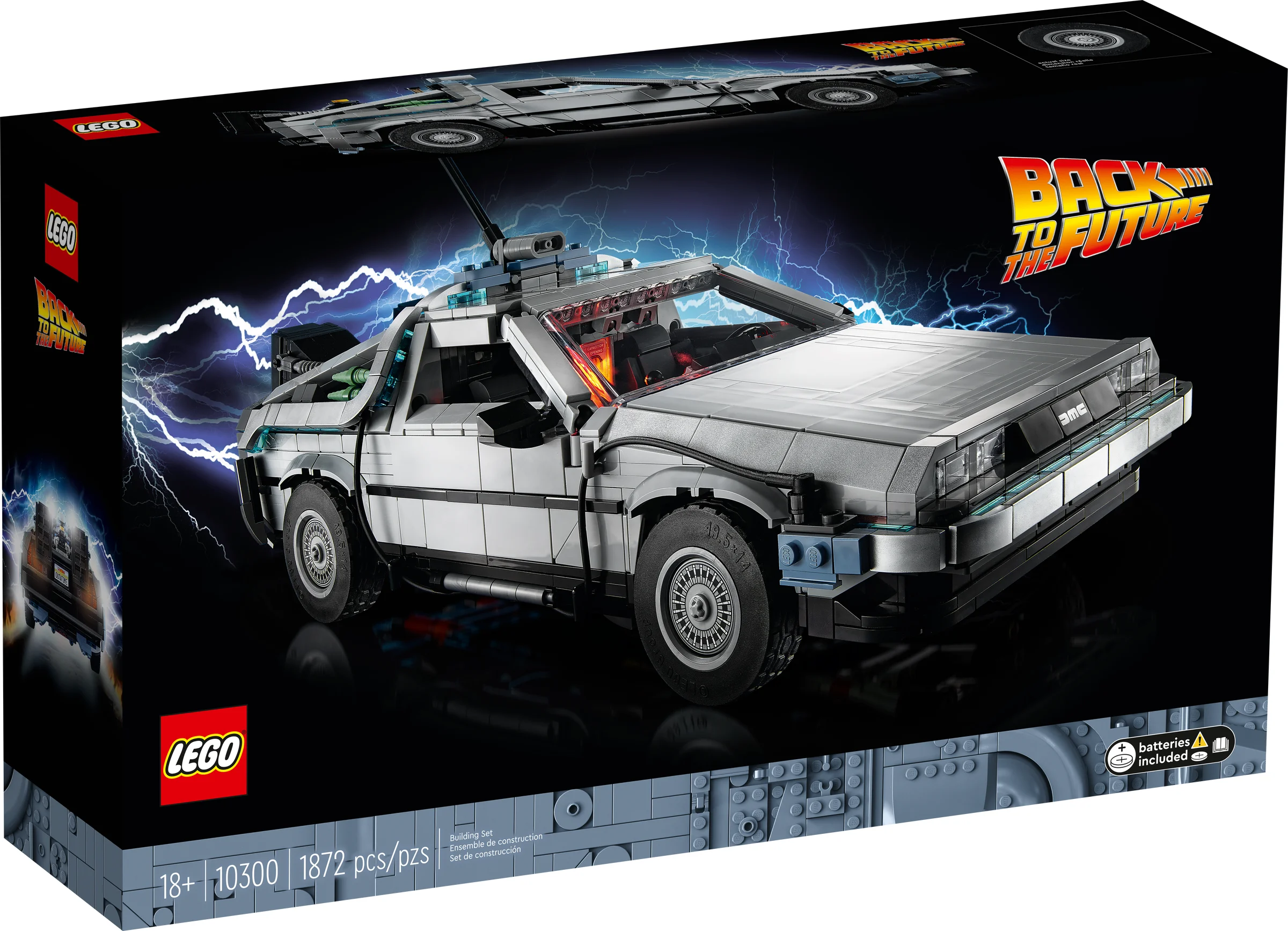 Cutia setului LEGO 10300 Mașina Timpului Back to the Future, cu modelul asamblat pe copertă.