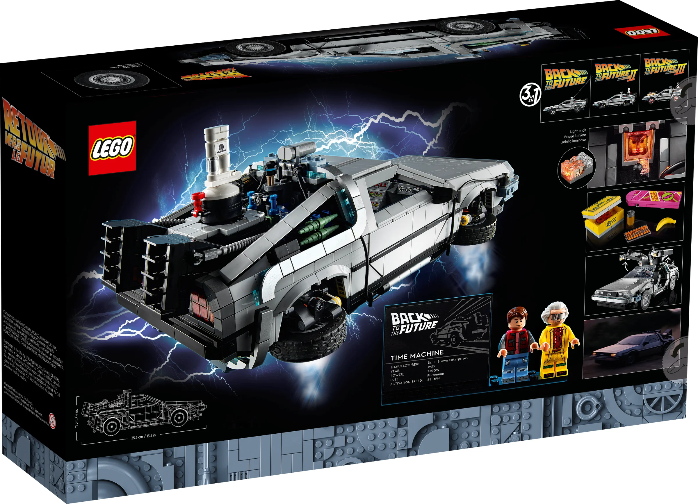 Imaginea cutiei LEGO 10300 Mașina Timpului Back to the Future, cu detalii și minifigurine.
