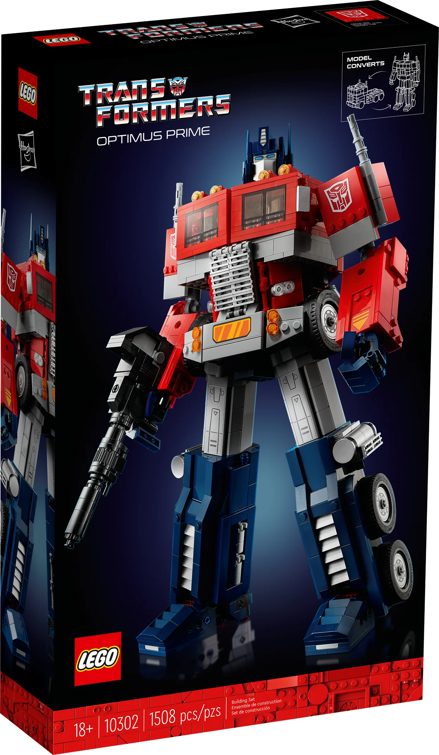 Cutia LEGO 10302 Optimus Prime, prezentând modelul robot transformabil. Design atrăgător, culori vibrante.