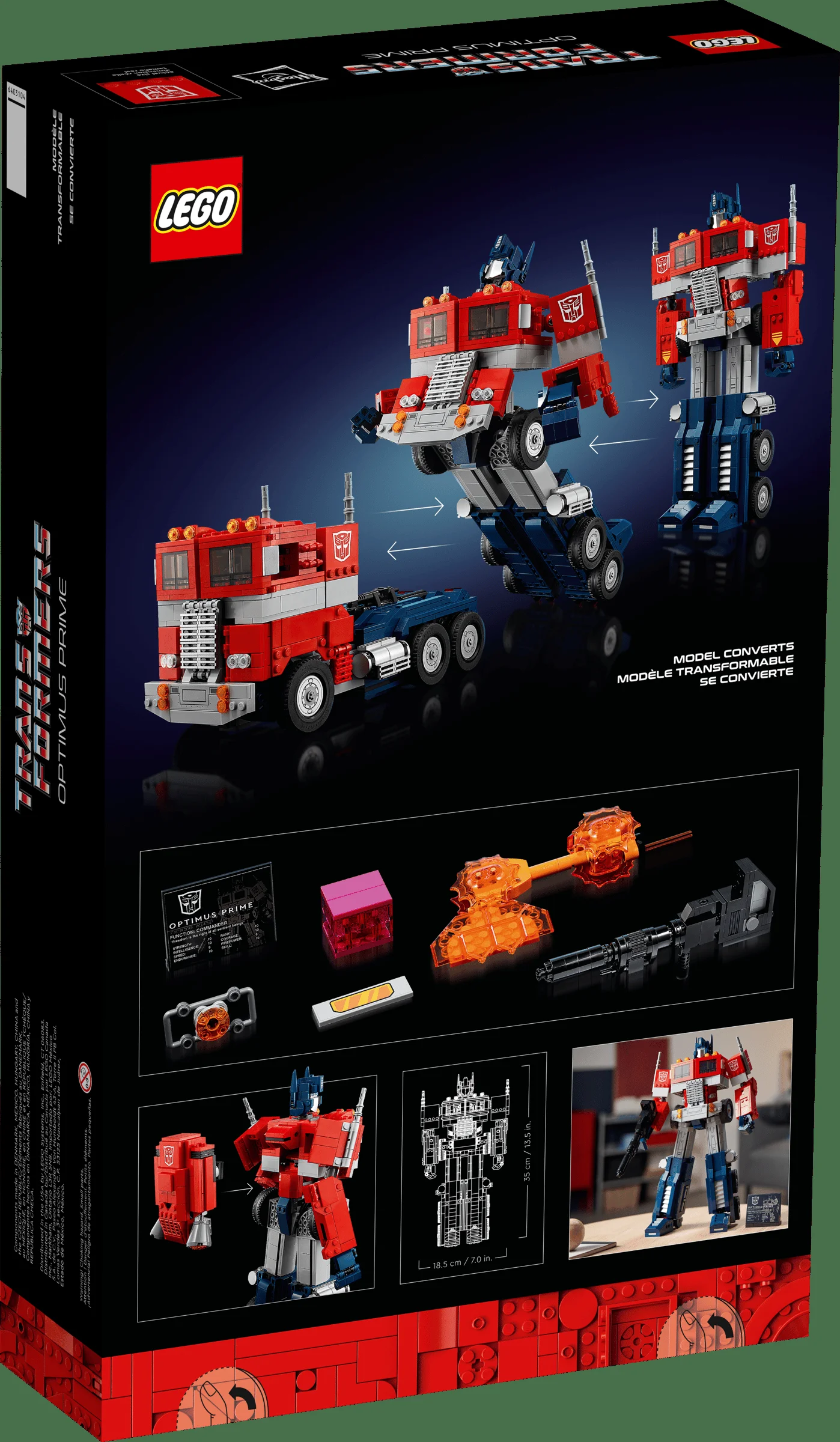 Imagine cu spatele cutiei setului LEGO 10302 Optimus Prime, arătând transformarea modelului.
