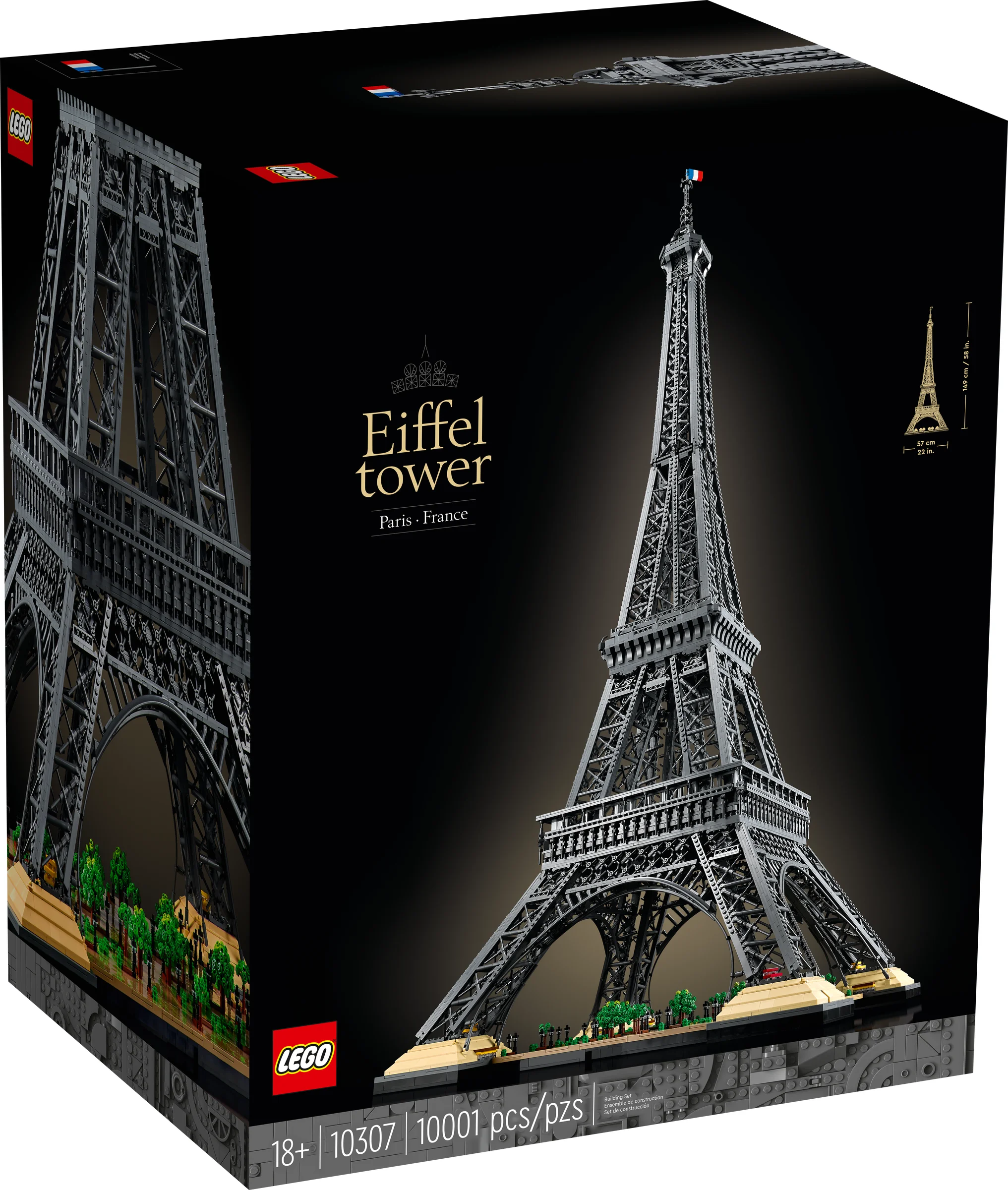 Cutia setului LEGO 10307 Turnul Eiffel, arătând modelul finalizat și dimensiunile sale.