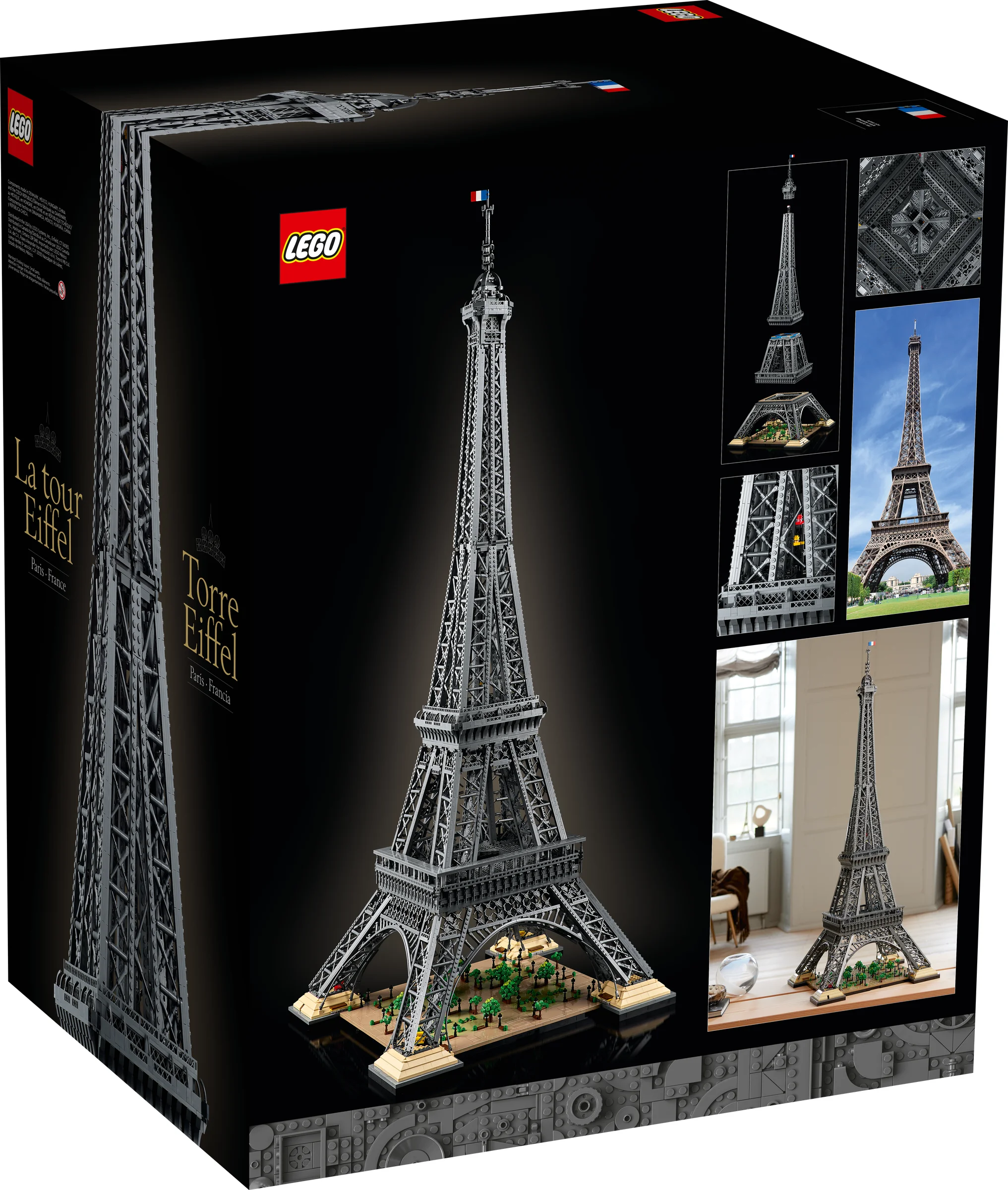 Cutia LEGO 10307 Turnul Eiffel. Imaginea prezintă modelul complet și detalii ale construcției.