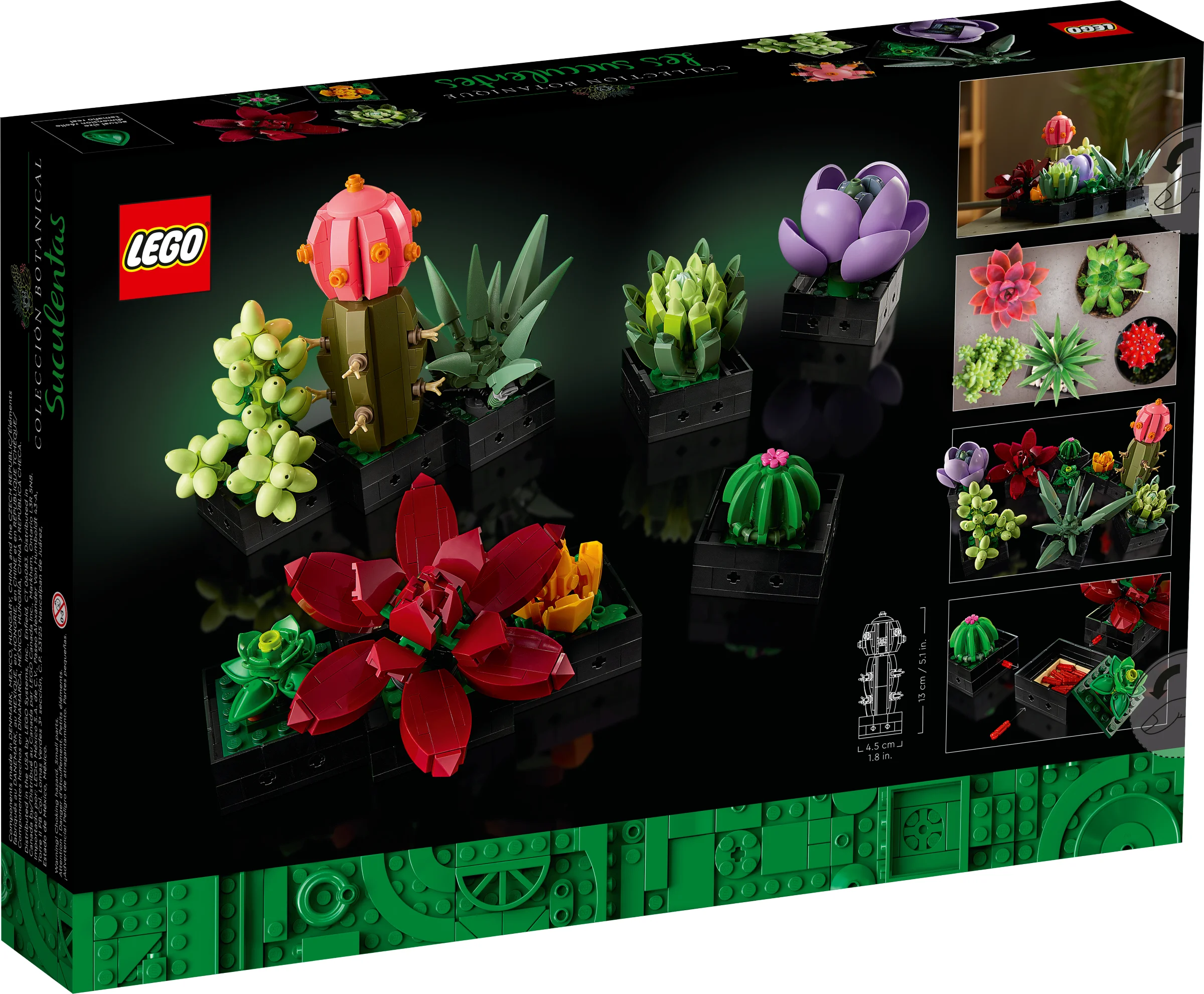 Imagine a cutiei LEGO® 10309, cu suculente diverse în ghivece negre, pe un fundal negru.