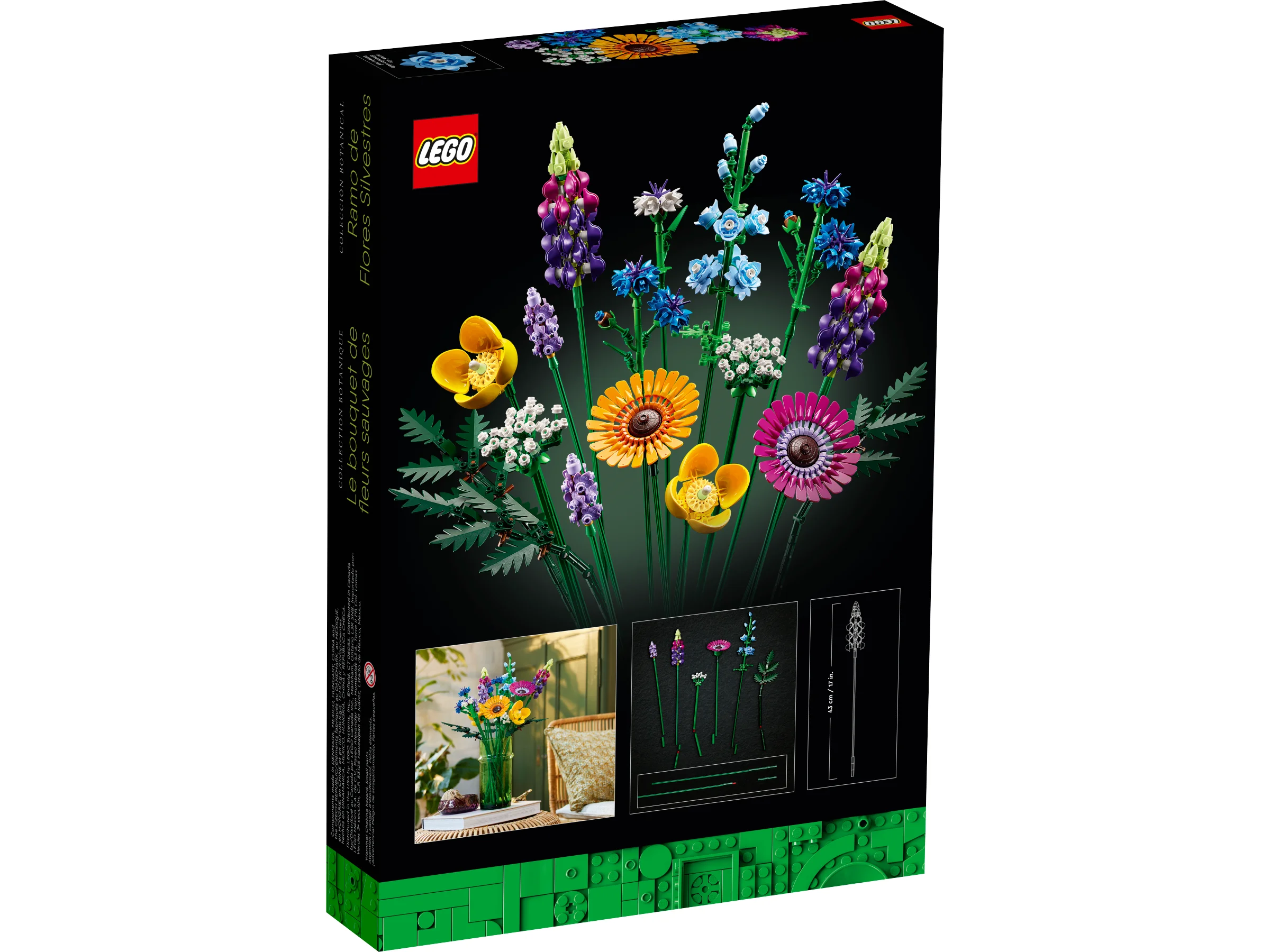 Cutia setului LEGO 10313 cu florile construite și aranjate pe fundal negru. Dimensiuni notate.
