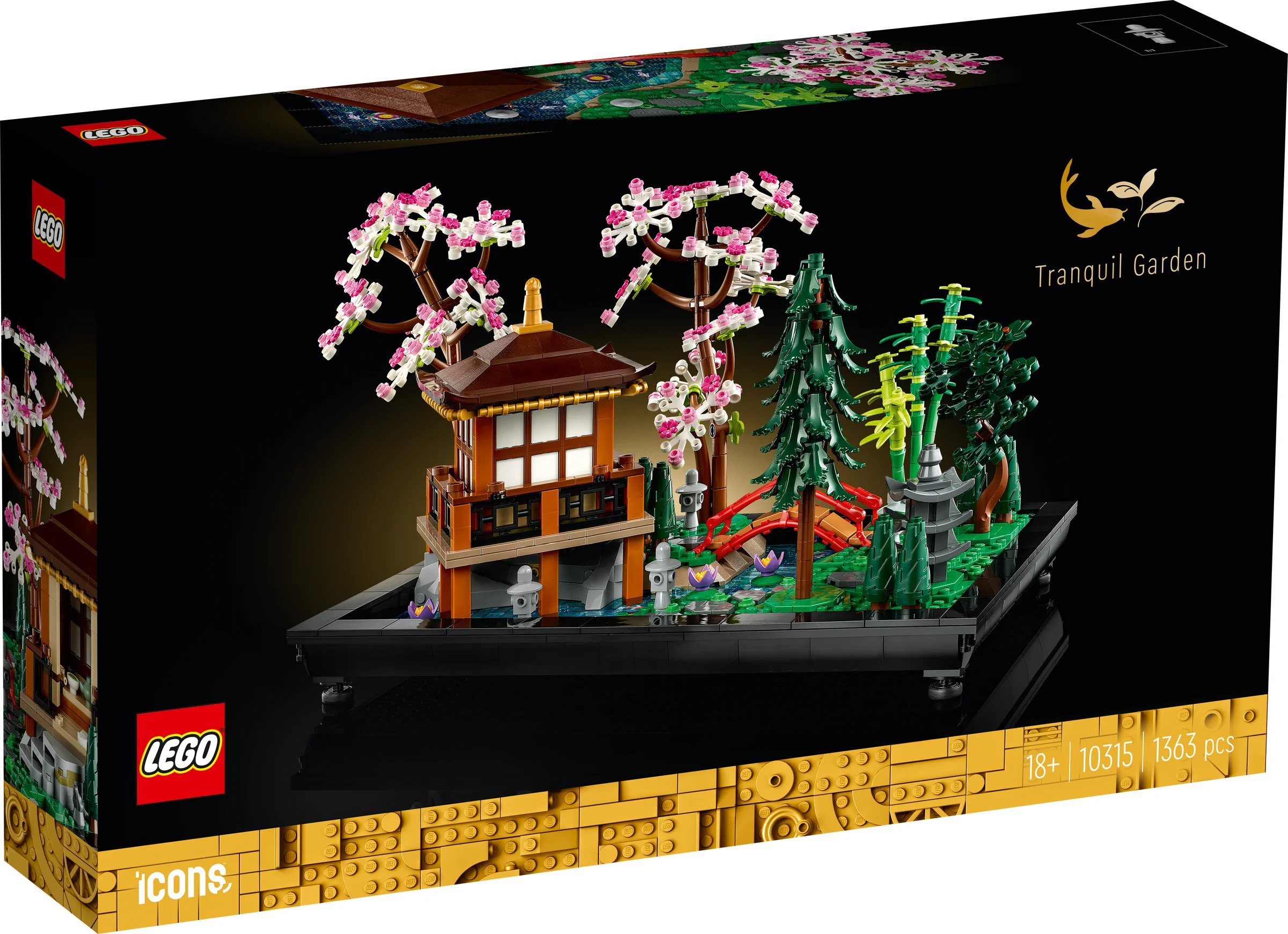 Cutia setului LEGO 10315, Grădina Liniștită, prezintă modelul finalizat și detaliile setului.