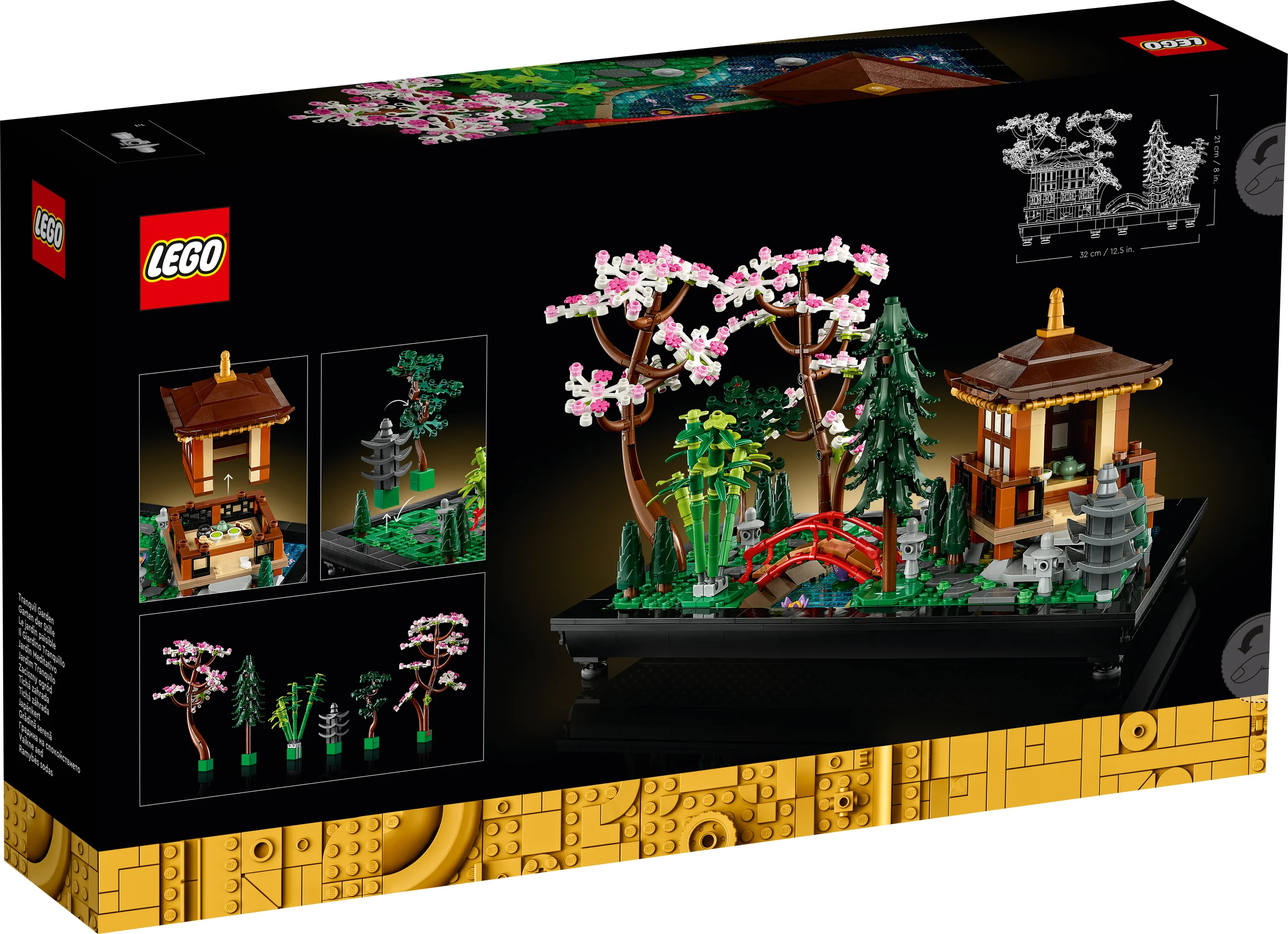 Cutie LEGO 10315 Grădina Liniștită, cu imagini detaliate ale modelului și funcțiilor sale.