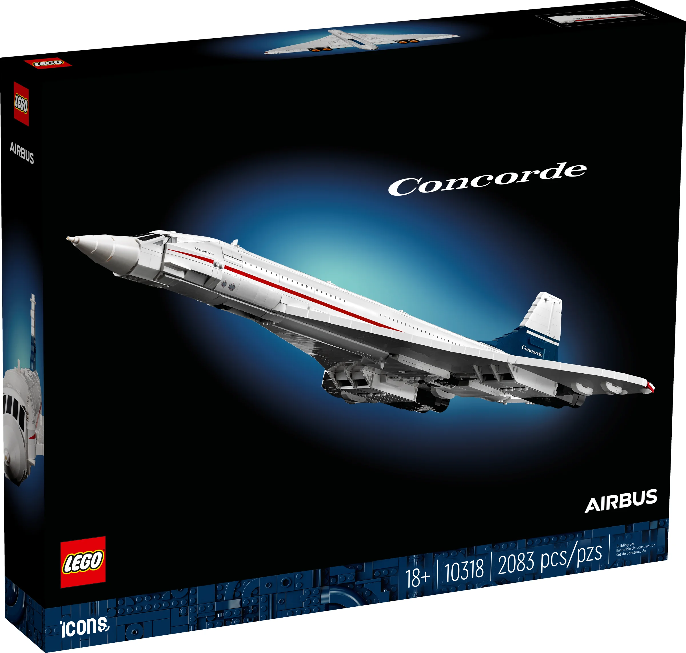 Cutia LEGO Concorde 10318, cu modelul avionului pe fond negru. Detalii și logo-uri vizibile.