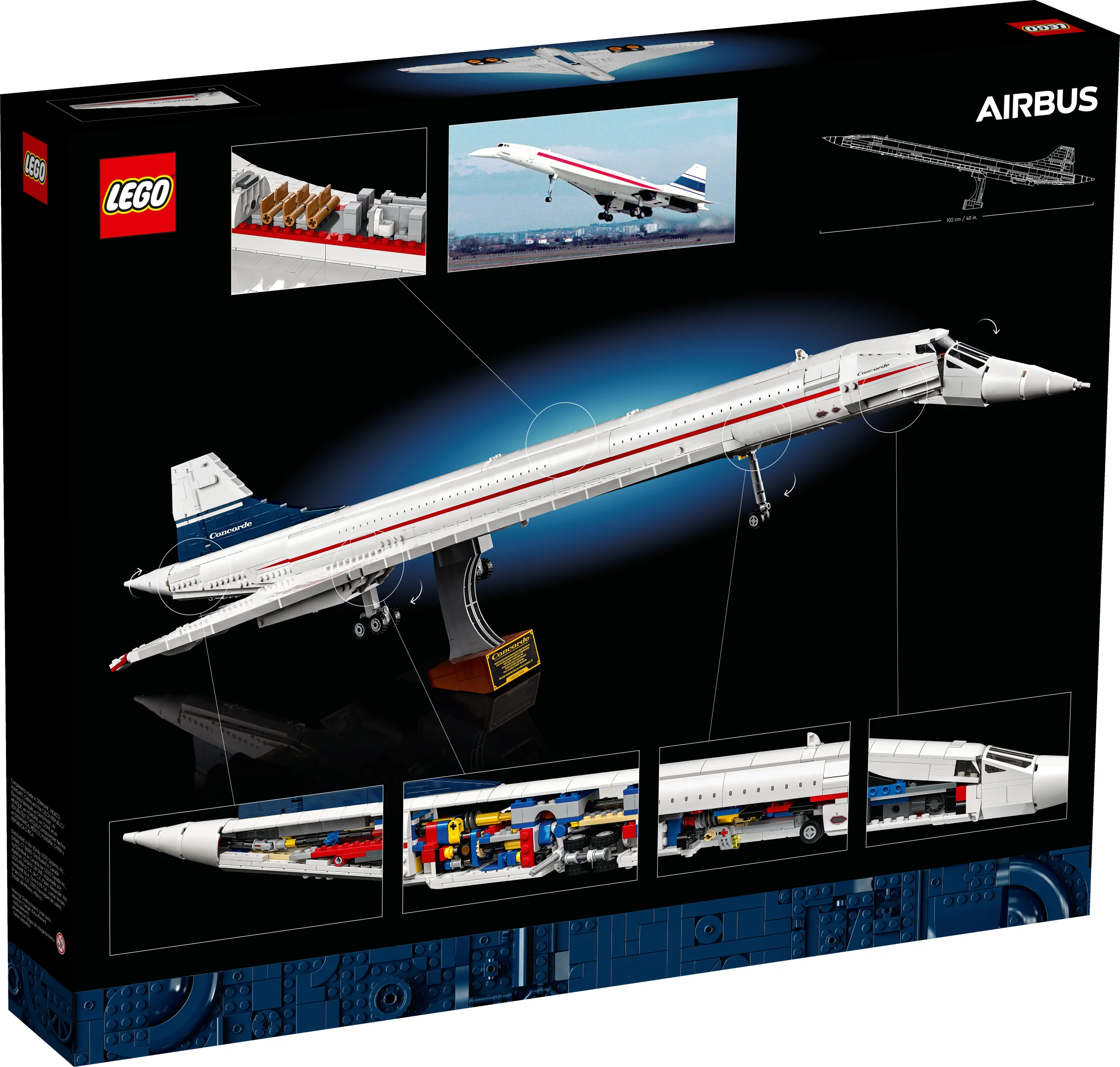 Imagine cu cutia setului LEGO Concorde, arătând modelul și detalii despre caracteristicile sale.
