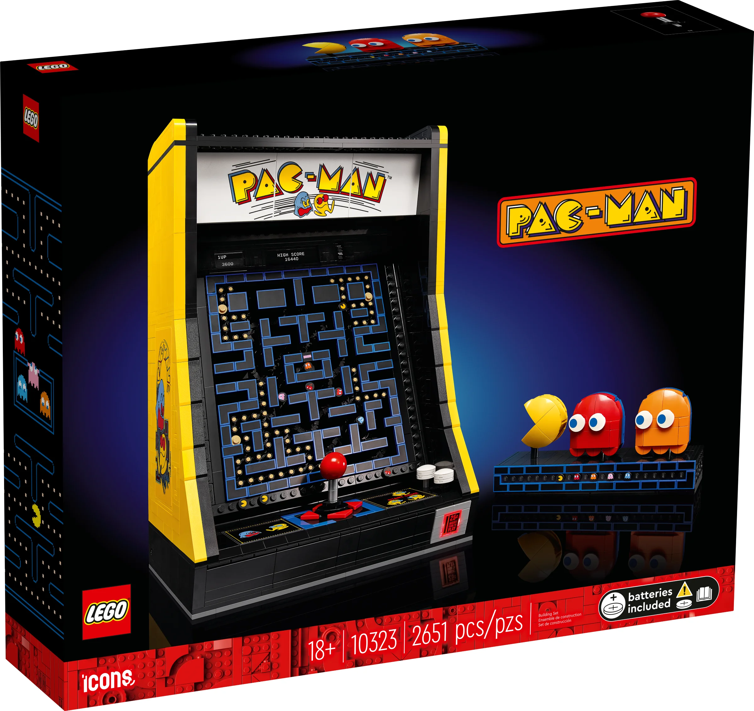 Imagine cu cutia setului LEGO 10323 PAC-MAN Arcade. Designul cutiei prezintă modelul asamblat al jocului arcade.