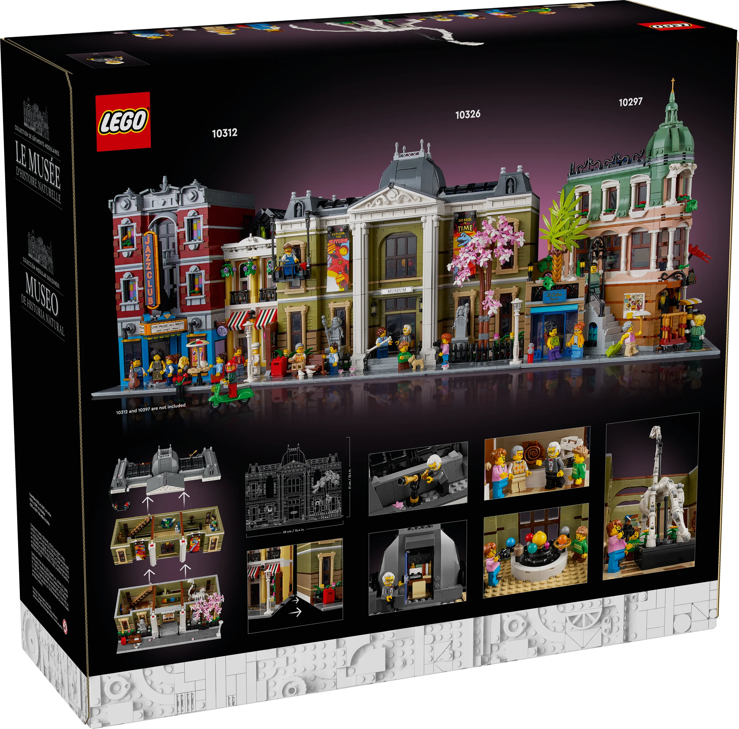 Cutia LEGO 10326, Muzeul de Istorie Naturală, cu modelul complet și detalii ale interiorului.