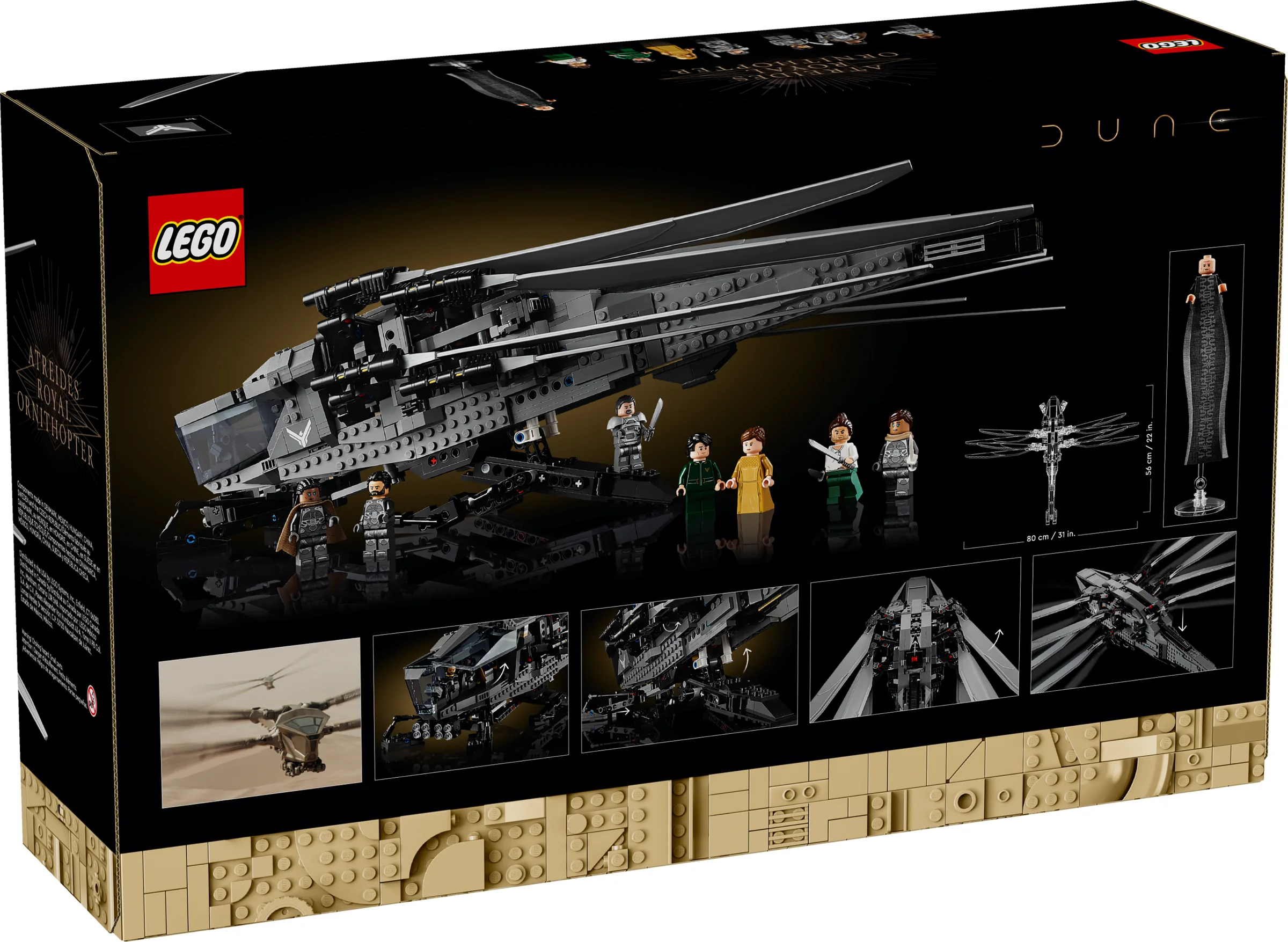 Cutia setului LEGO 10327 Dune Atreides Royal Ornithopter, cu modelul și minifigurinele prezentate.