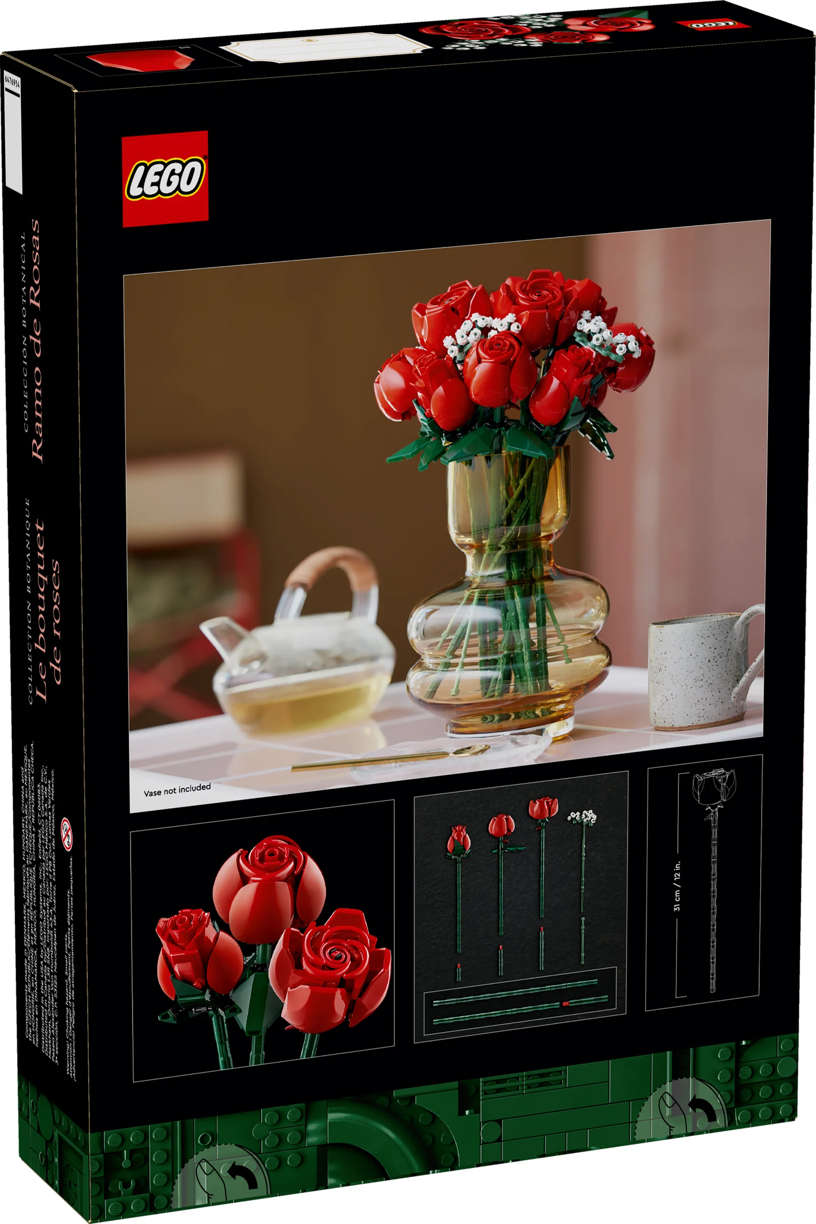 Cutia LEGO 10328 prezintă un buchet de trandafiri roșii într-o vază, sugerând eleganță și frumusețe.