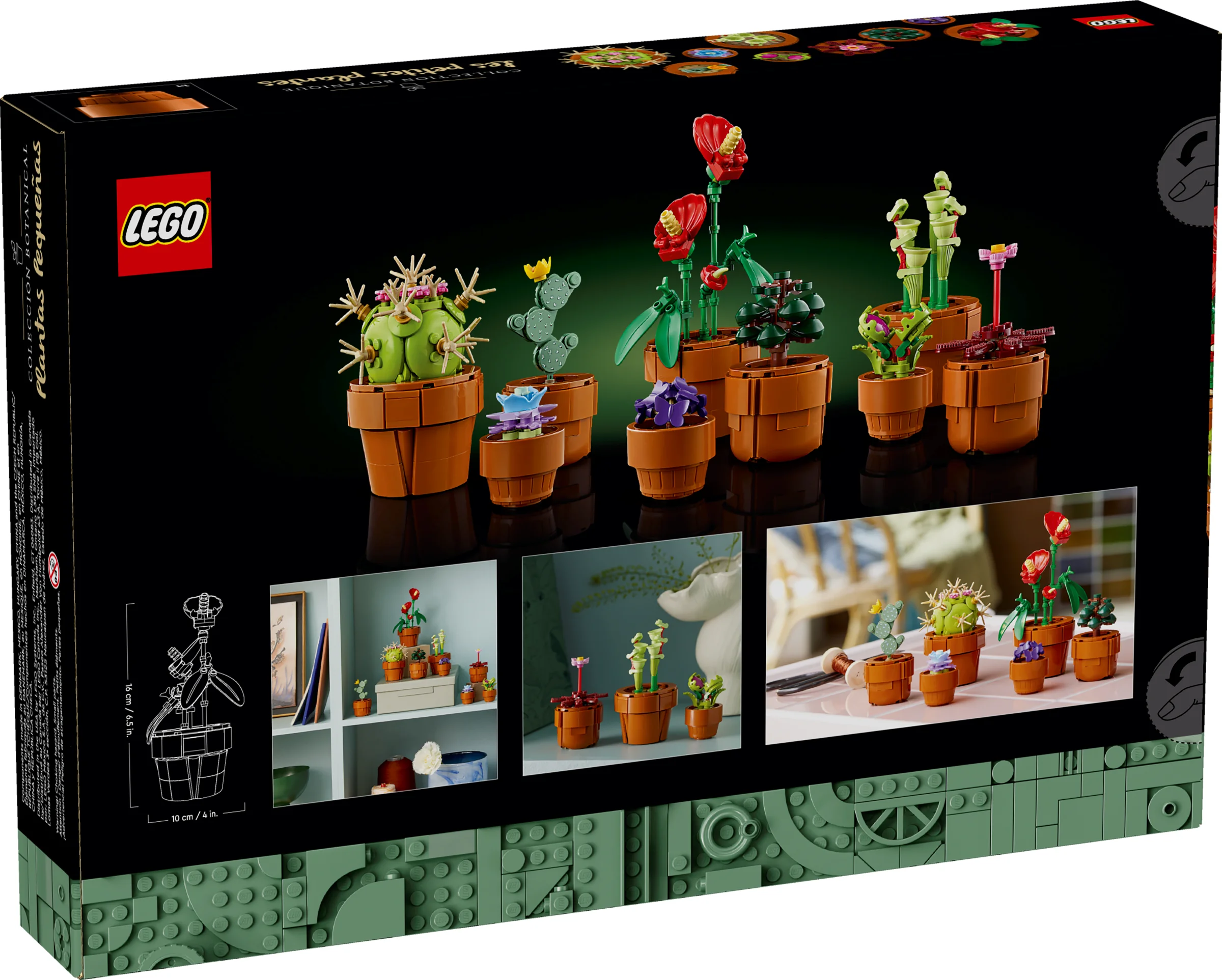 Cutie LEGO 10329 Plante Micuțe, arătând modelul asamblat și imagini cu plantele în decor.