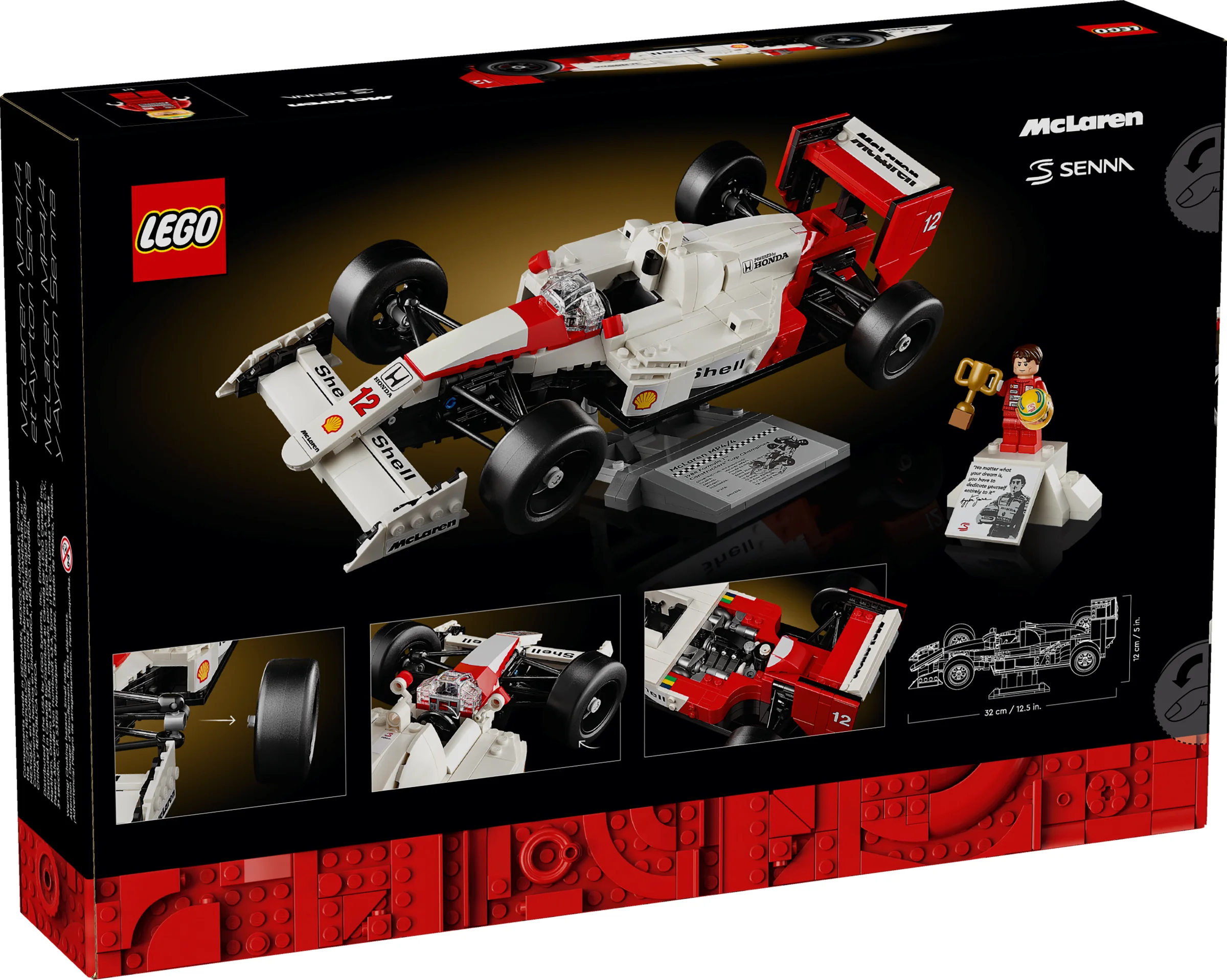 Imagine detaliată cu cutia setului LEGO 10330, McLaren MP4/4 & Ayrton Senna, cu modelul asamblat.