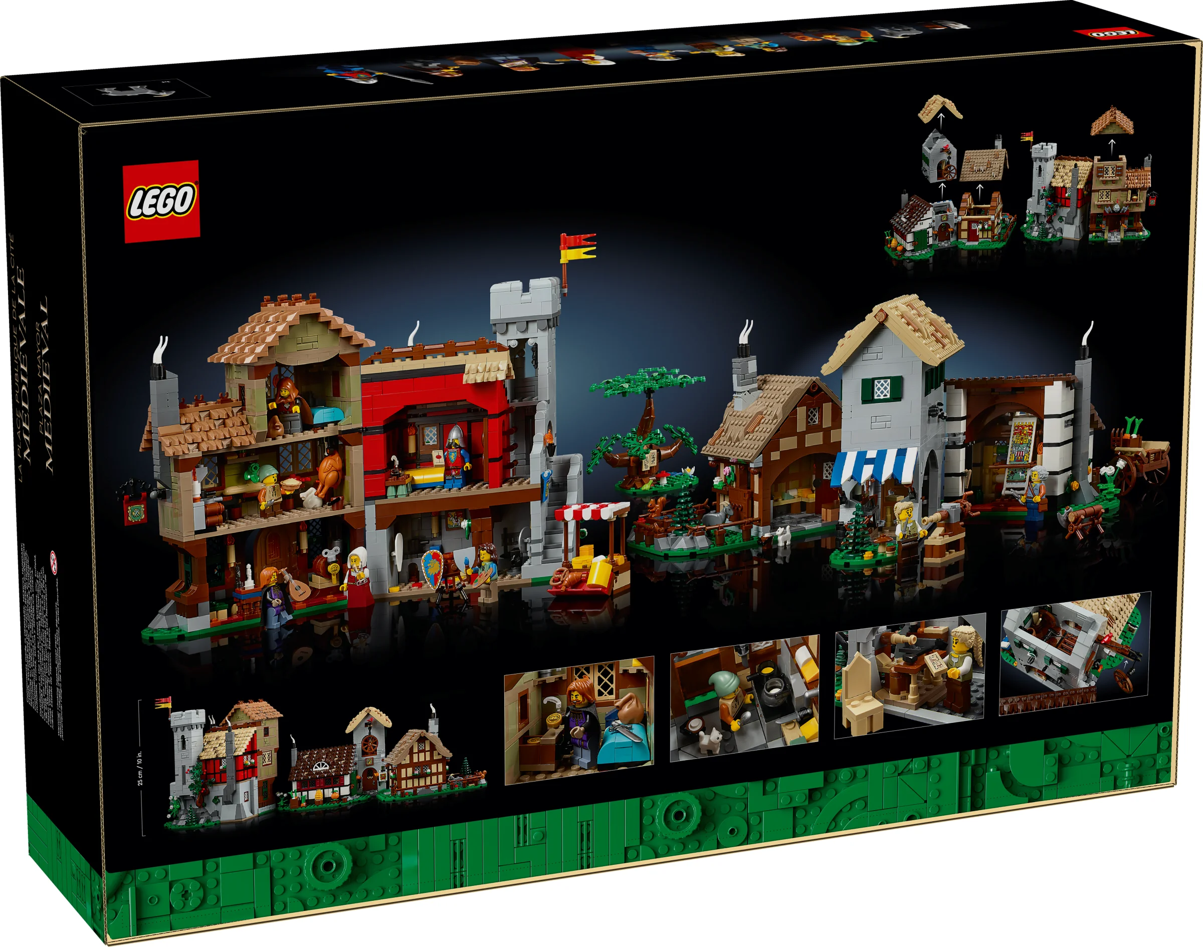 Cutia LEGO 10332 prezintă Piața Medievală, cu clădiri detaliate și figurine diverse.
