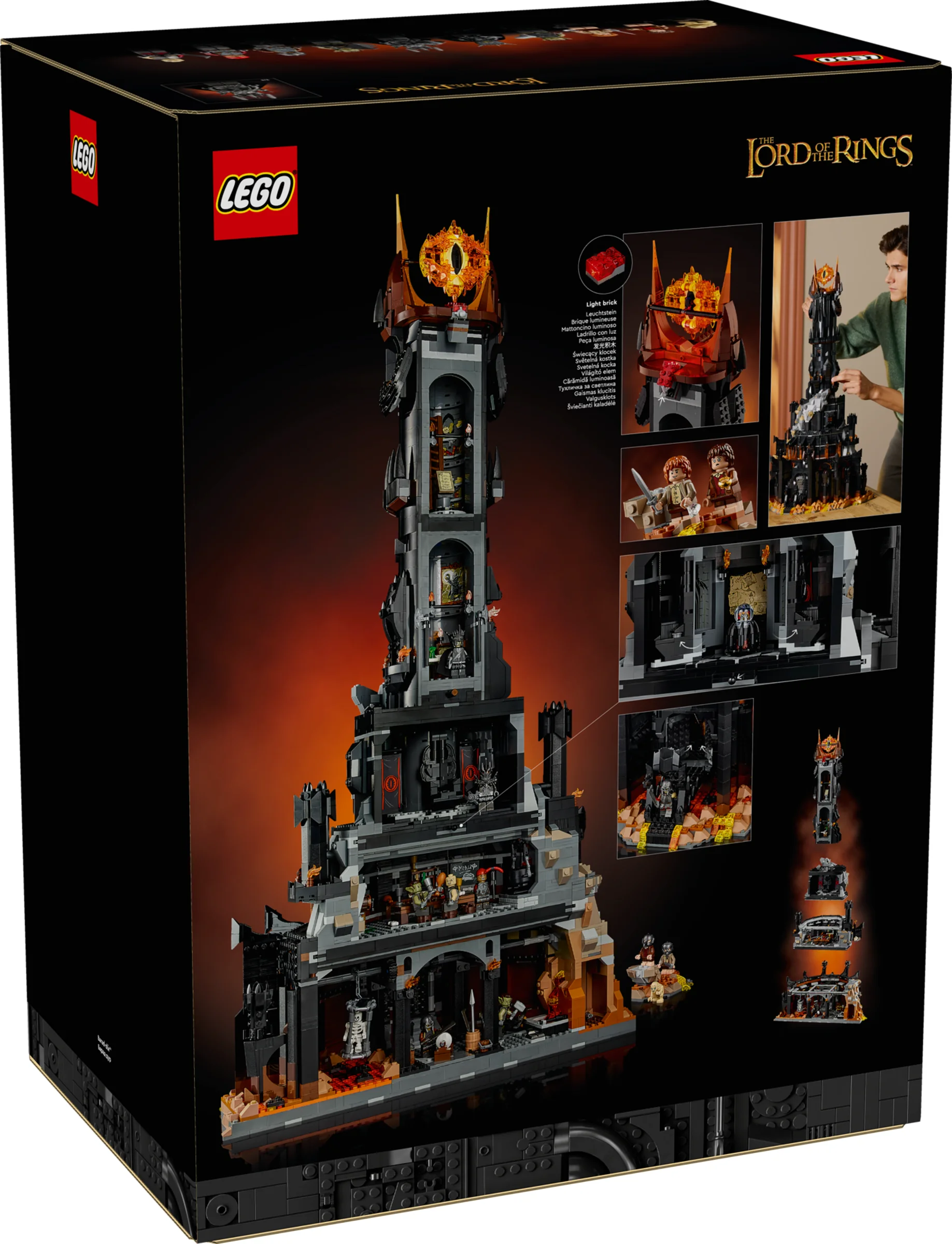 Cutia setului LEGO 10333, Barad-dûr, arătând modelul detaliat și funcțiile luminoase.