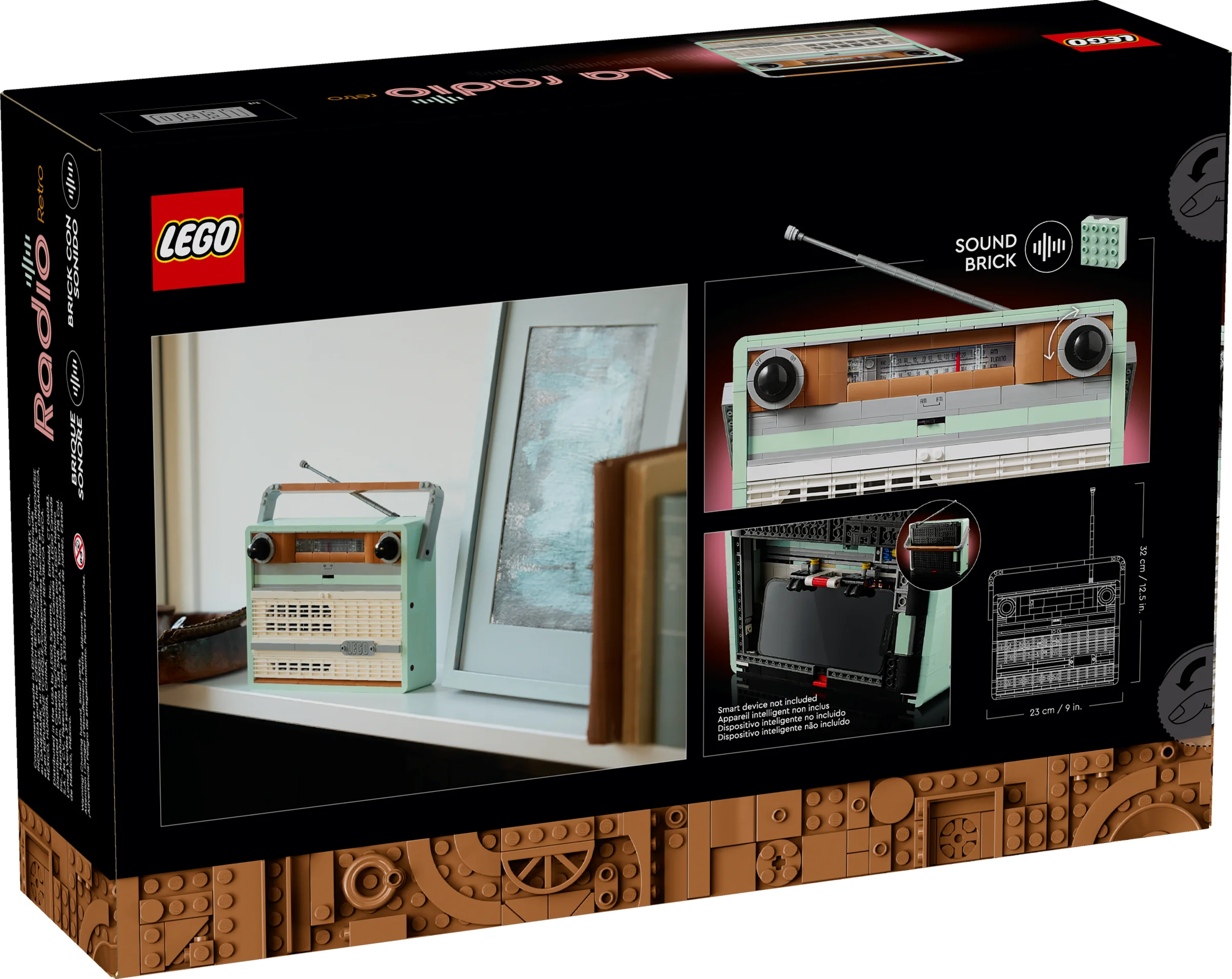 Imagine cu cutia setului LEGO 10334 Radio Retro, arătând caracteristicile și detaliile modelului.