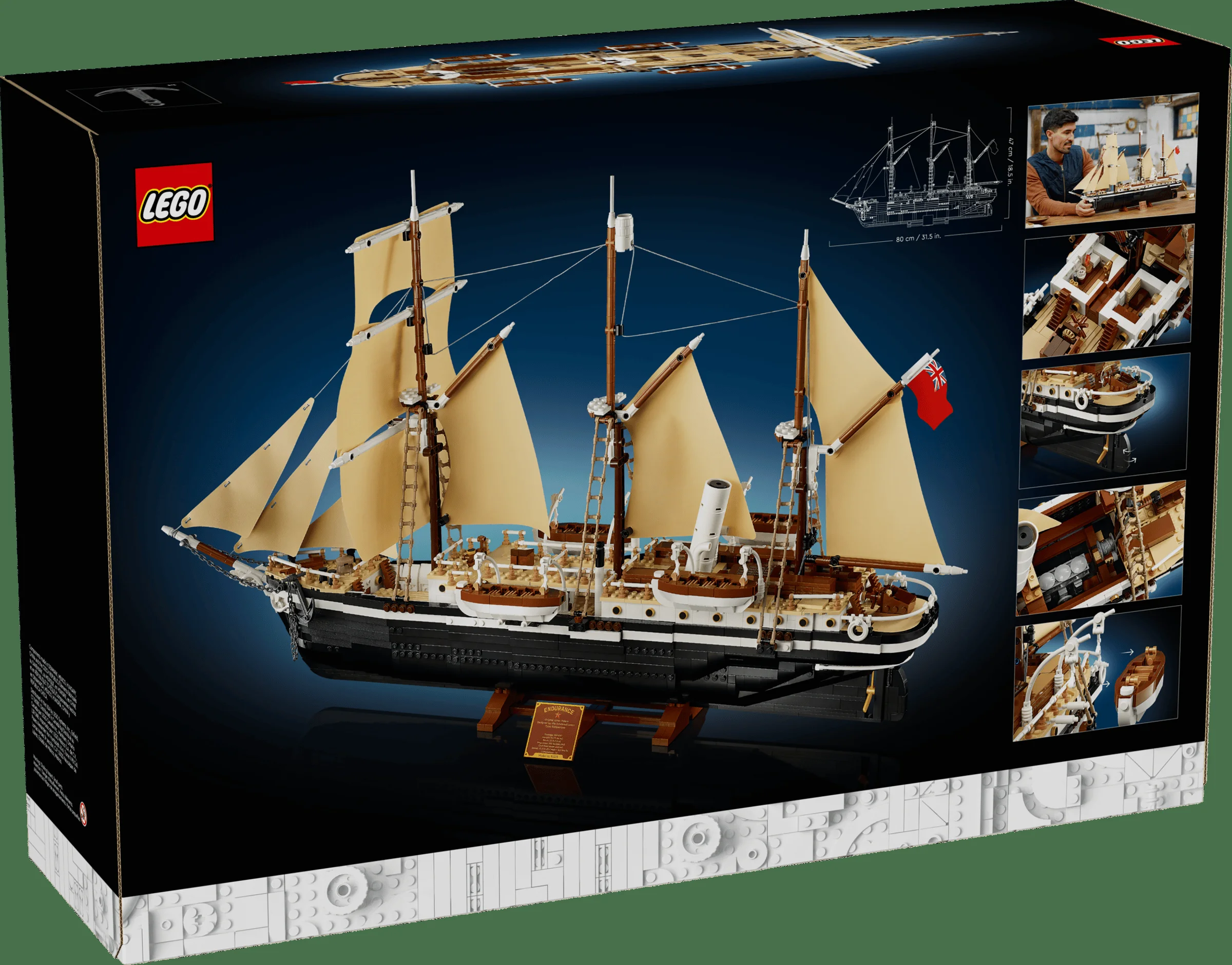 Cutia LEGO a navei Endurance, cu modelul complet și detalii despre caracteristici.