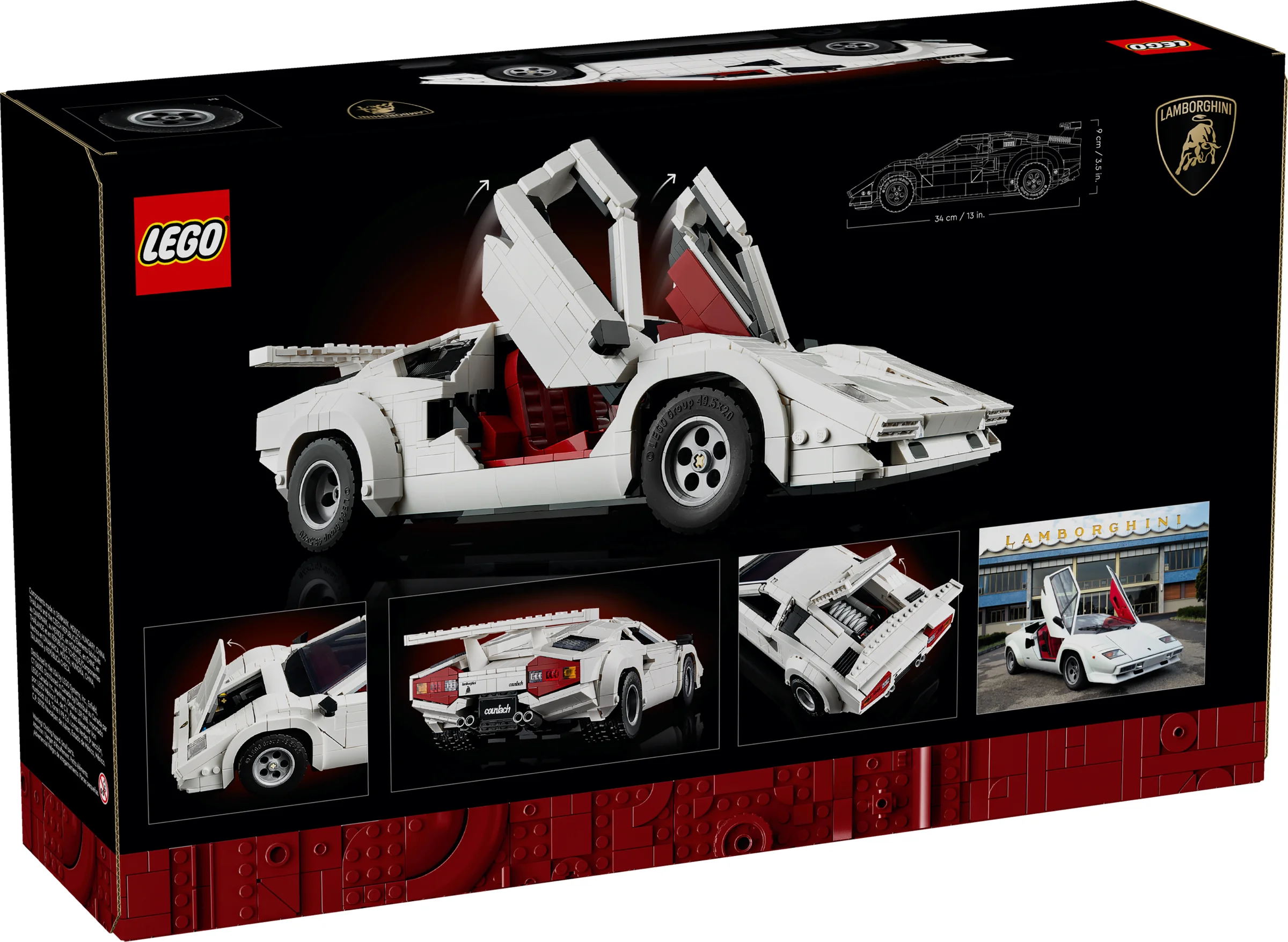 Cutia LEGO Lamborghini Countach 5000 Quattrovalvole prezintă modelul cu portierele deschise.