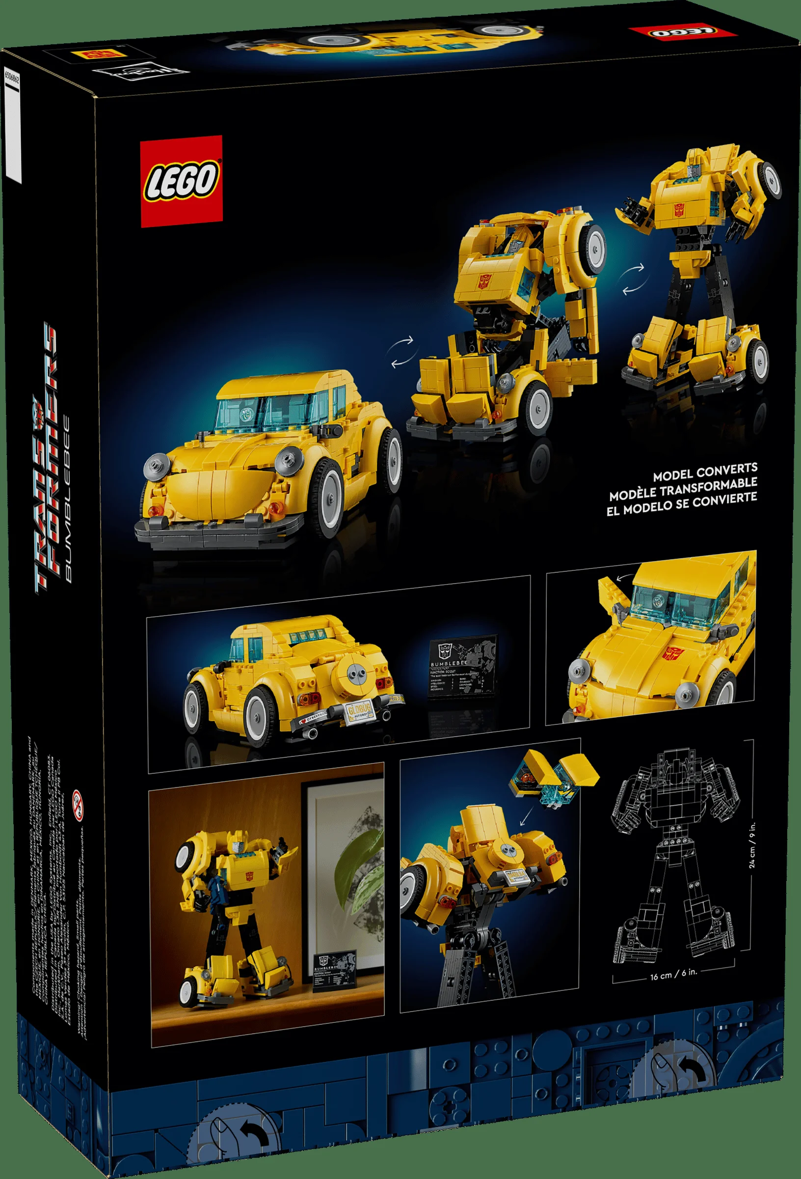 Cutie LEGO 10338 Bumblebee, cu imagini ce arată transformarea dintre mașină și robot.