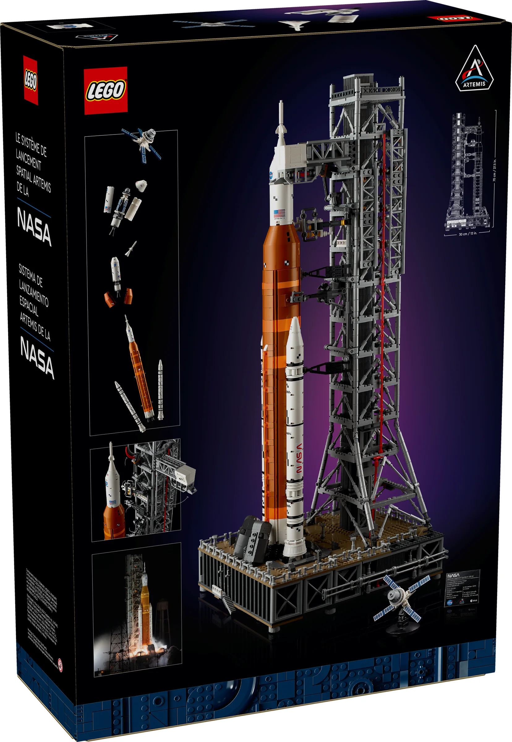 Cutia LEGO 10341 NASA Artemis Space Launch System, cu modelul finalizat și detalii despre construcție.
