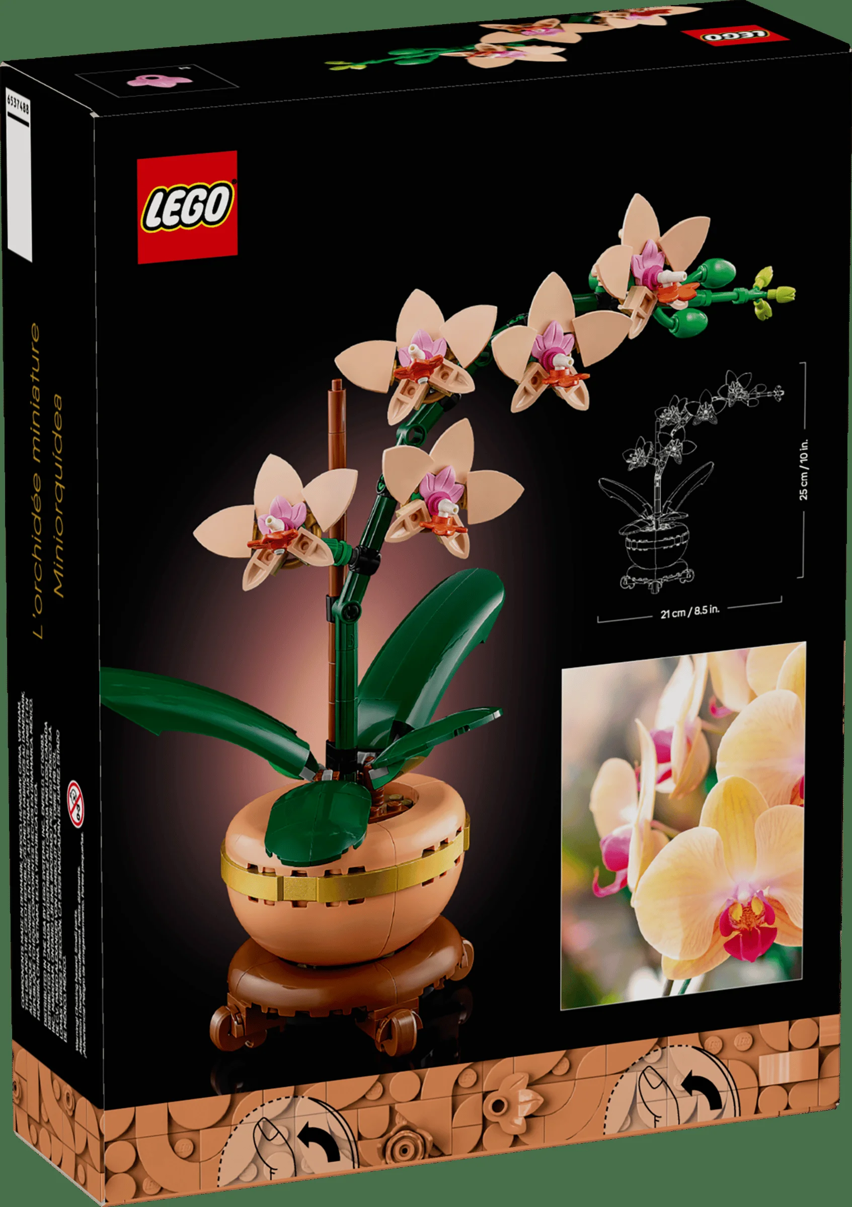 Cutie LEGO 10343 Mini Orhidee, ilustrând modelul asamblat și dimensiunile sale.