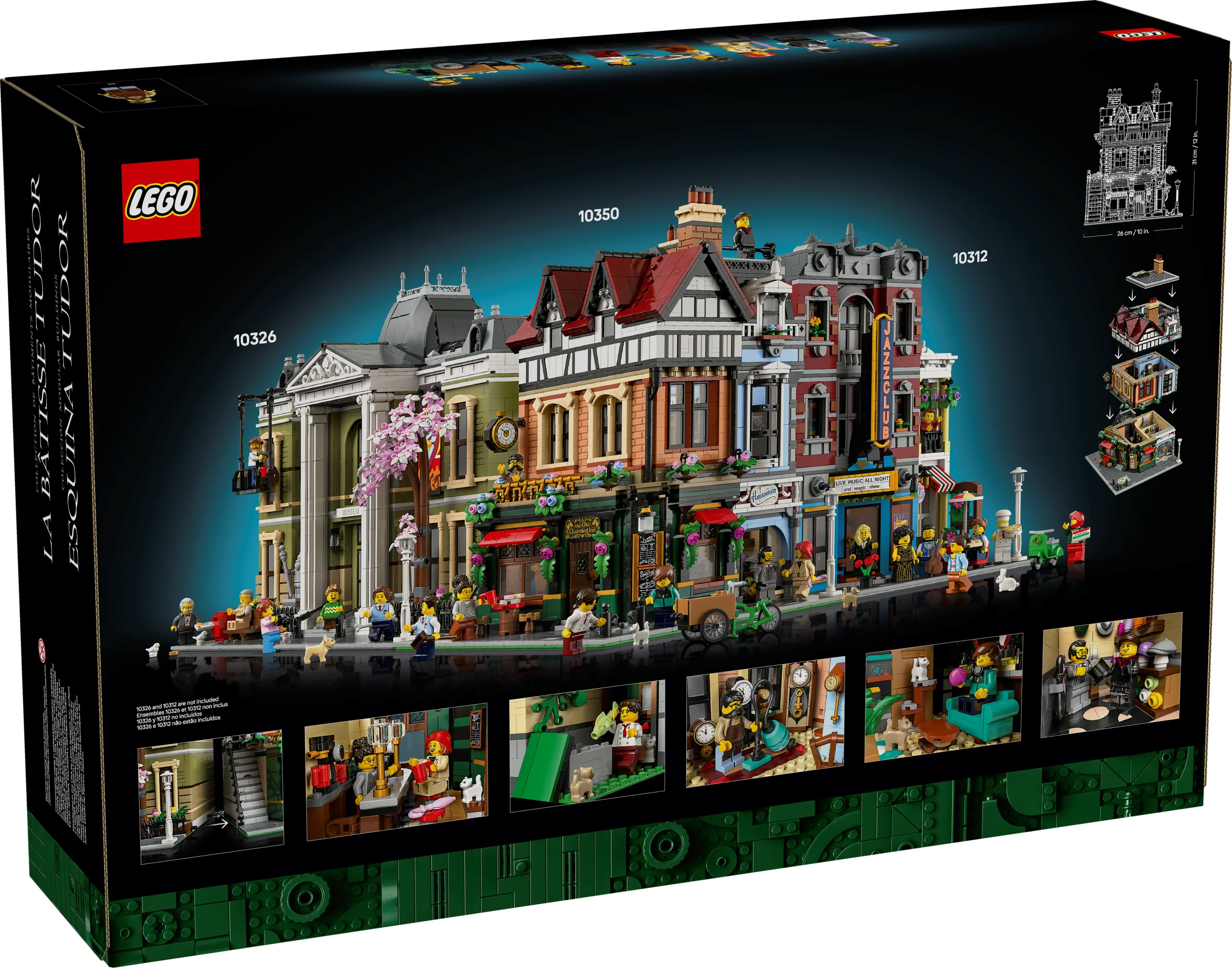 Cutia setului LEGO 10350 Tudor Corner, cu vedere la model și detalii interioare. Alte seturi sunt menționate ca neincluse.