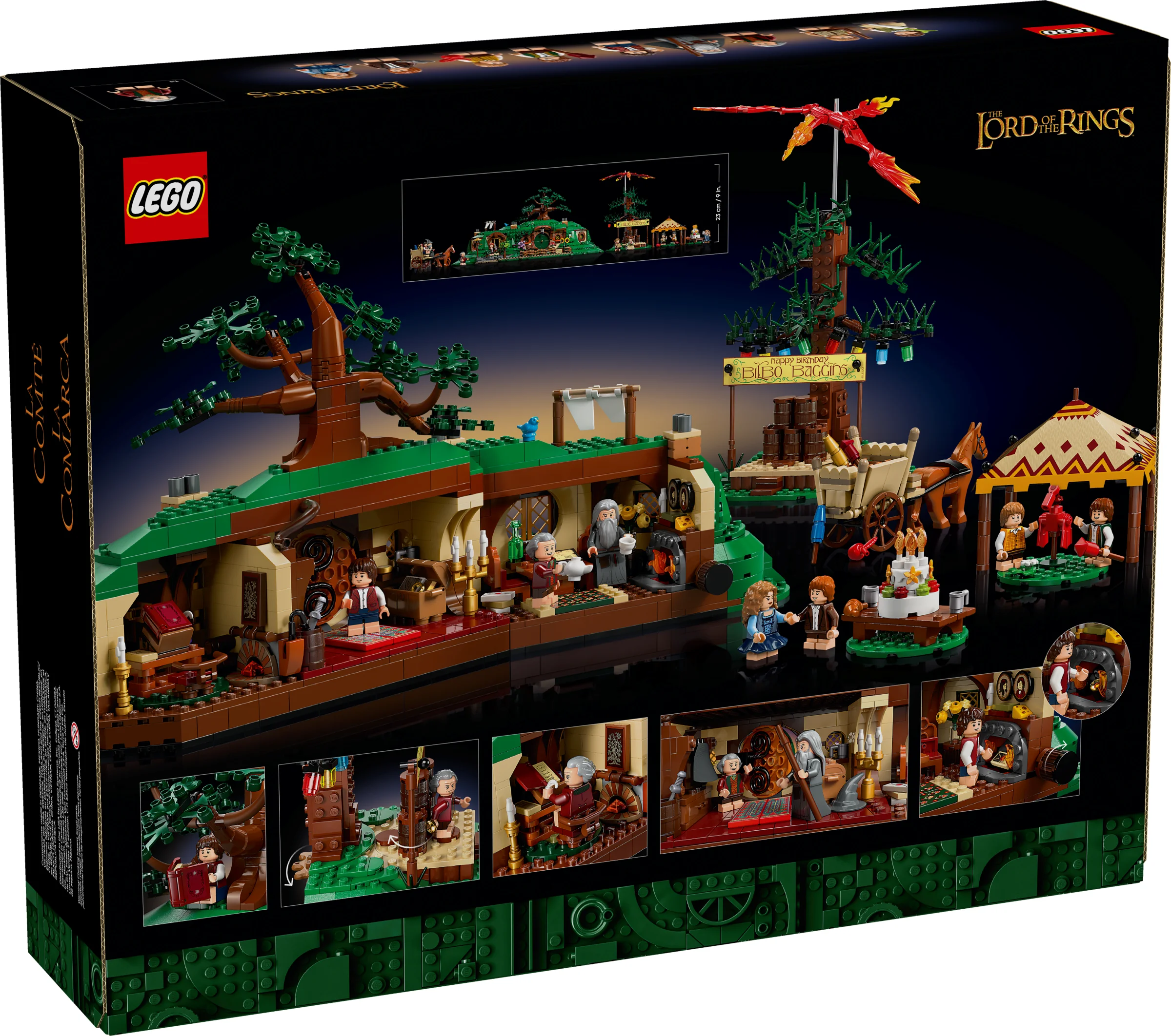 Imagine cu spatele cutiei setului LEGO 10354 The Shire, detaliind modelul și mini-figurinele incluse.