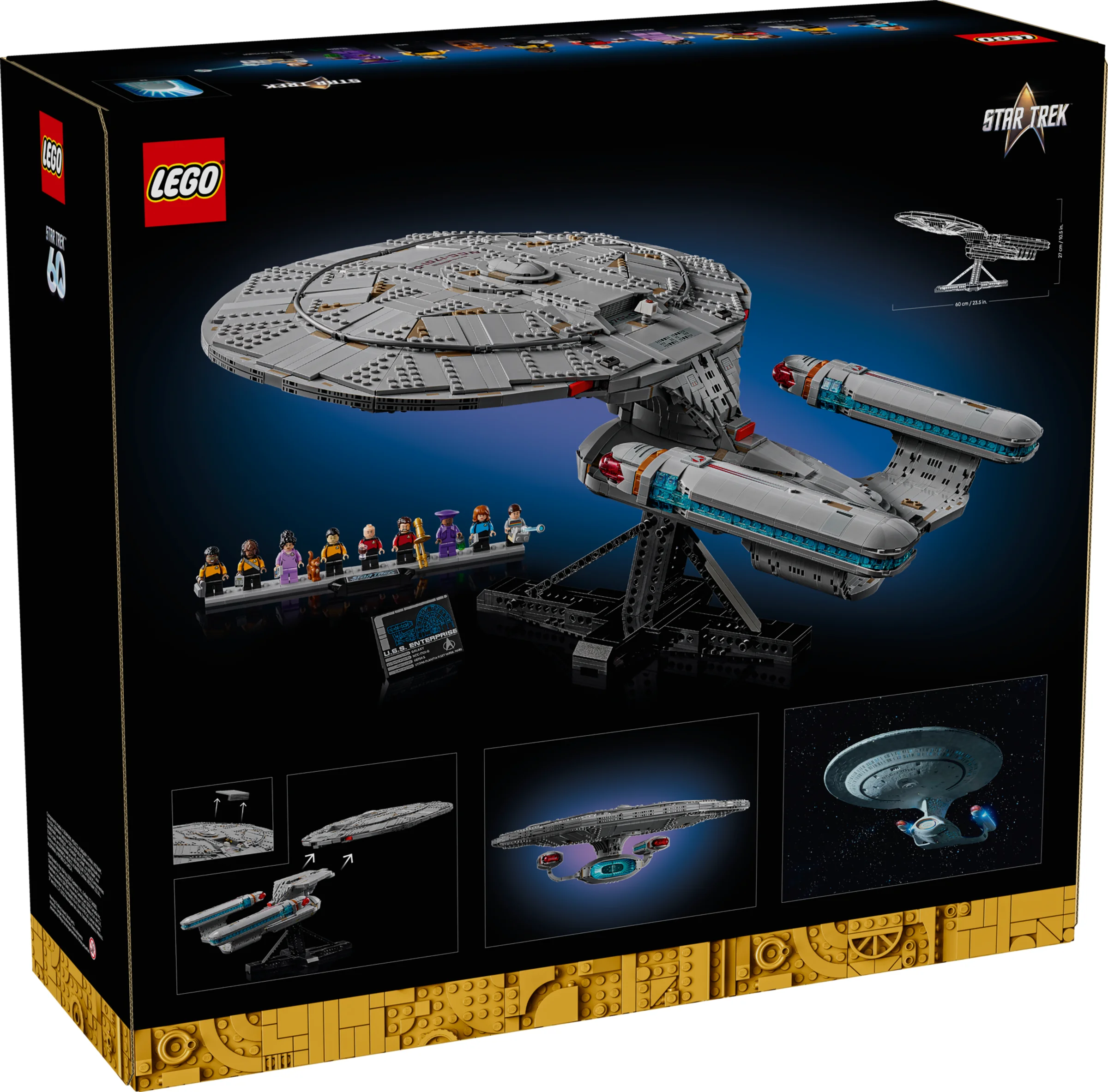 Cutia setului LEGO Star Trek U.S.S. Enterprise NCC-1701-D, cu modelul principal, mini-figurine și detalii.