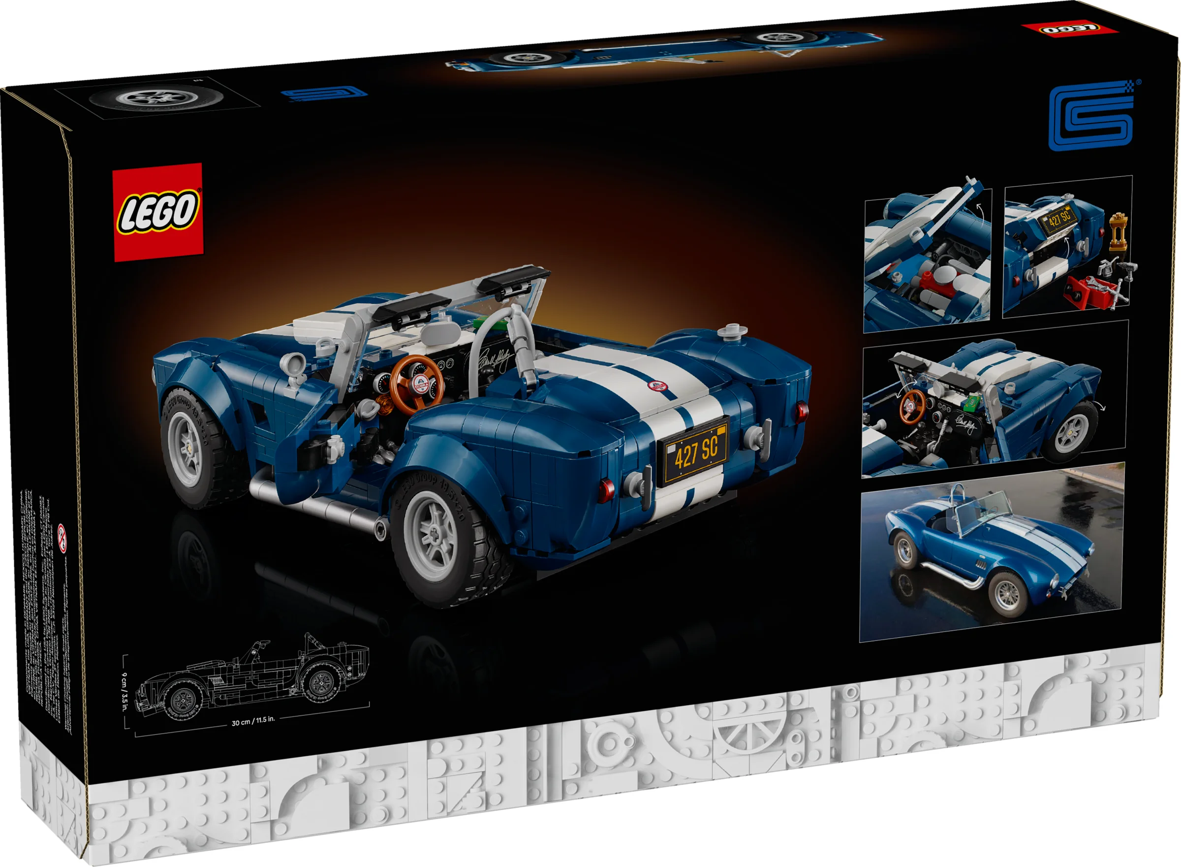 Cutia LEGO 10357 Shelby Cobra 427 S/C, cu modelul mașinii și detalii. 