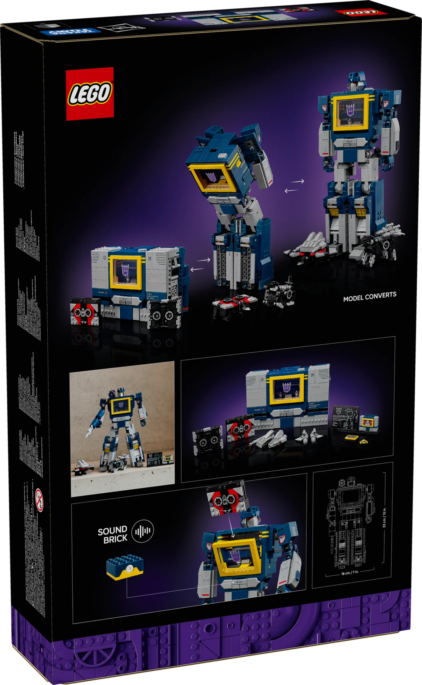 Imagine cu spatele cutiei LEGO Soundwave, prezentând transformarea modelului și funcțiile acestuia.