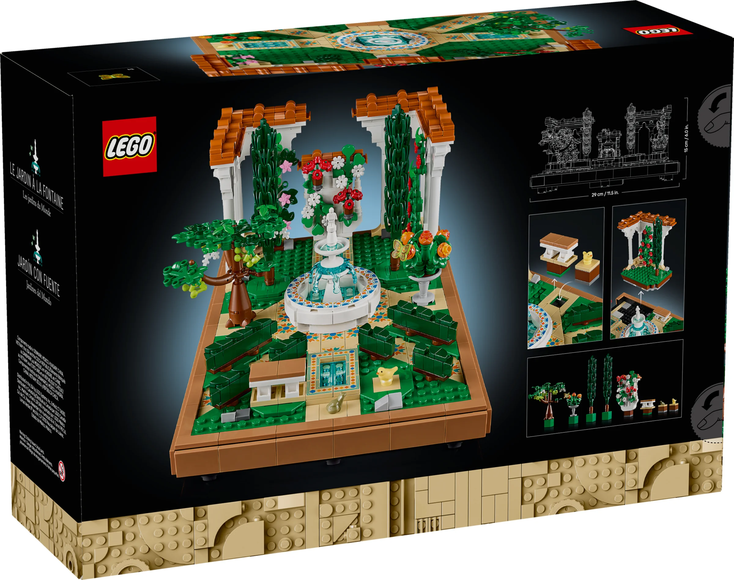 Imagine cu cutia setului LEGO 10359 Fountain Garden, cu modelul asamblat și detalii tehnice.
