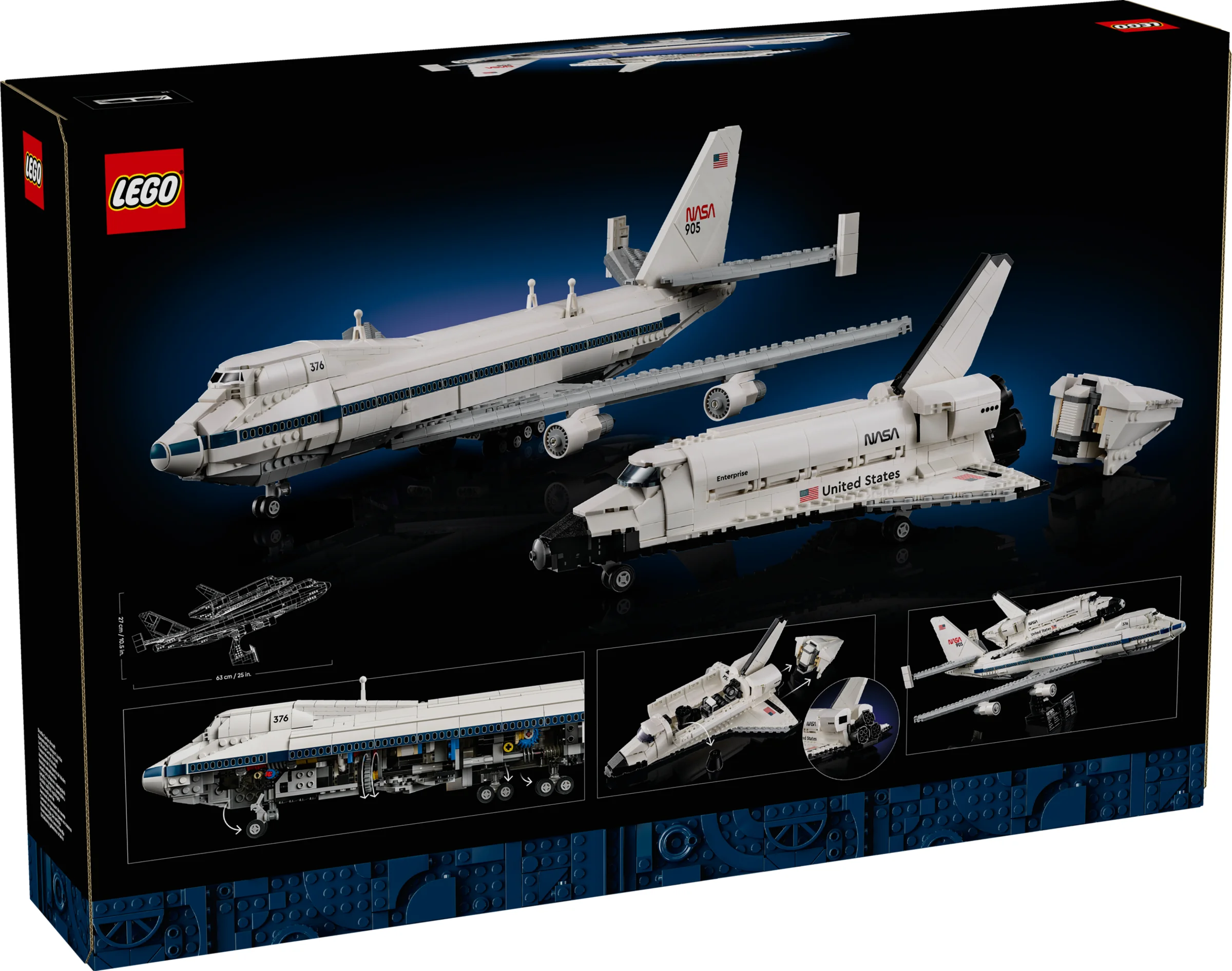 Cutia LEGO 10360 prezintă Avionul de Transport Navetă și naveta spațială Enterprise.